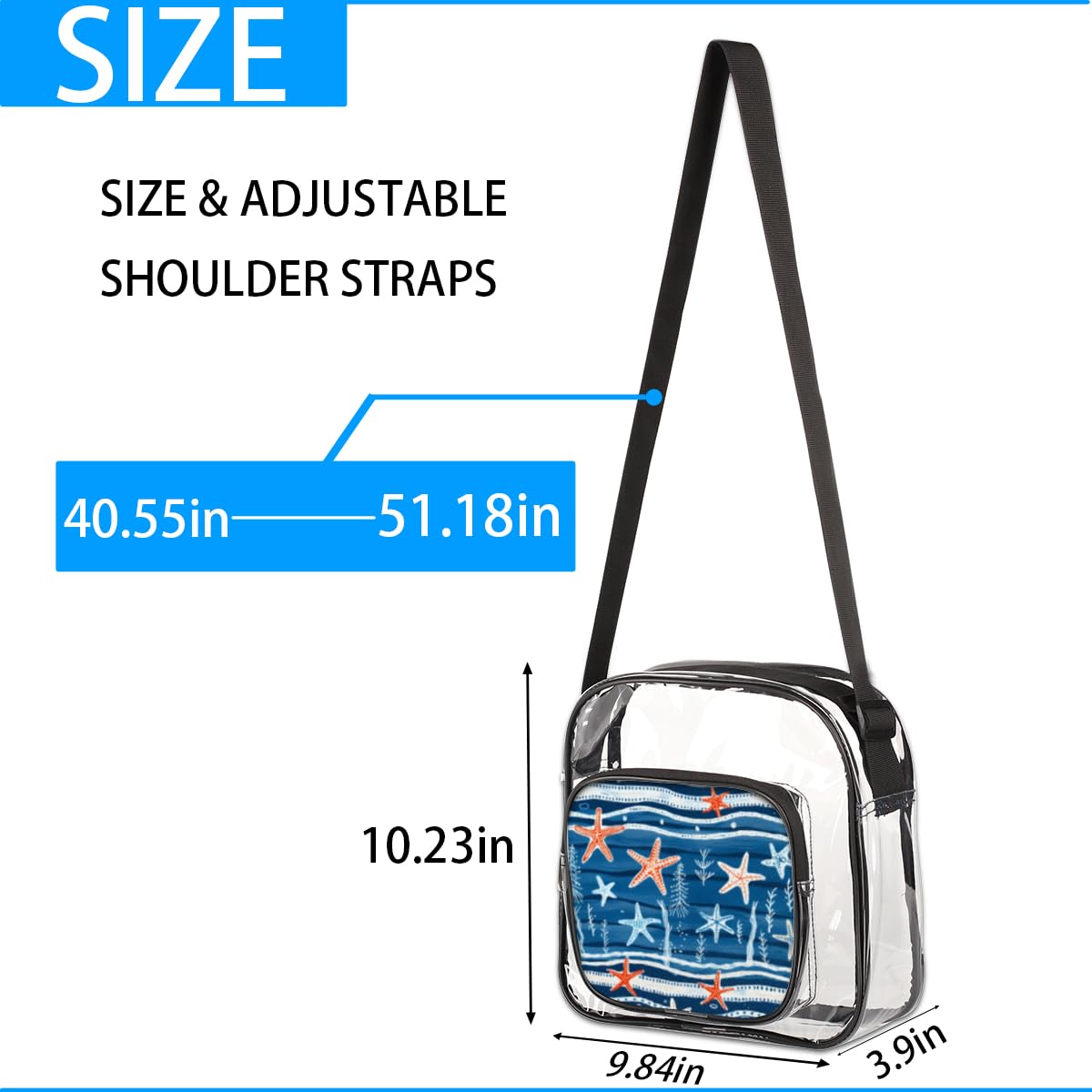 Mularoka Starfish Clear Crossbody Purse Bag - Blue & Pink Starfish Design, Stadium Approved Transparent Shoulder Bag for Women & Men | Perfect for Music Festivals, Sports Events, Concerts & Beach Outings
