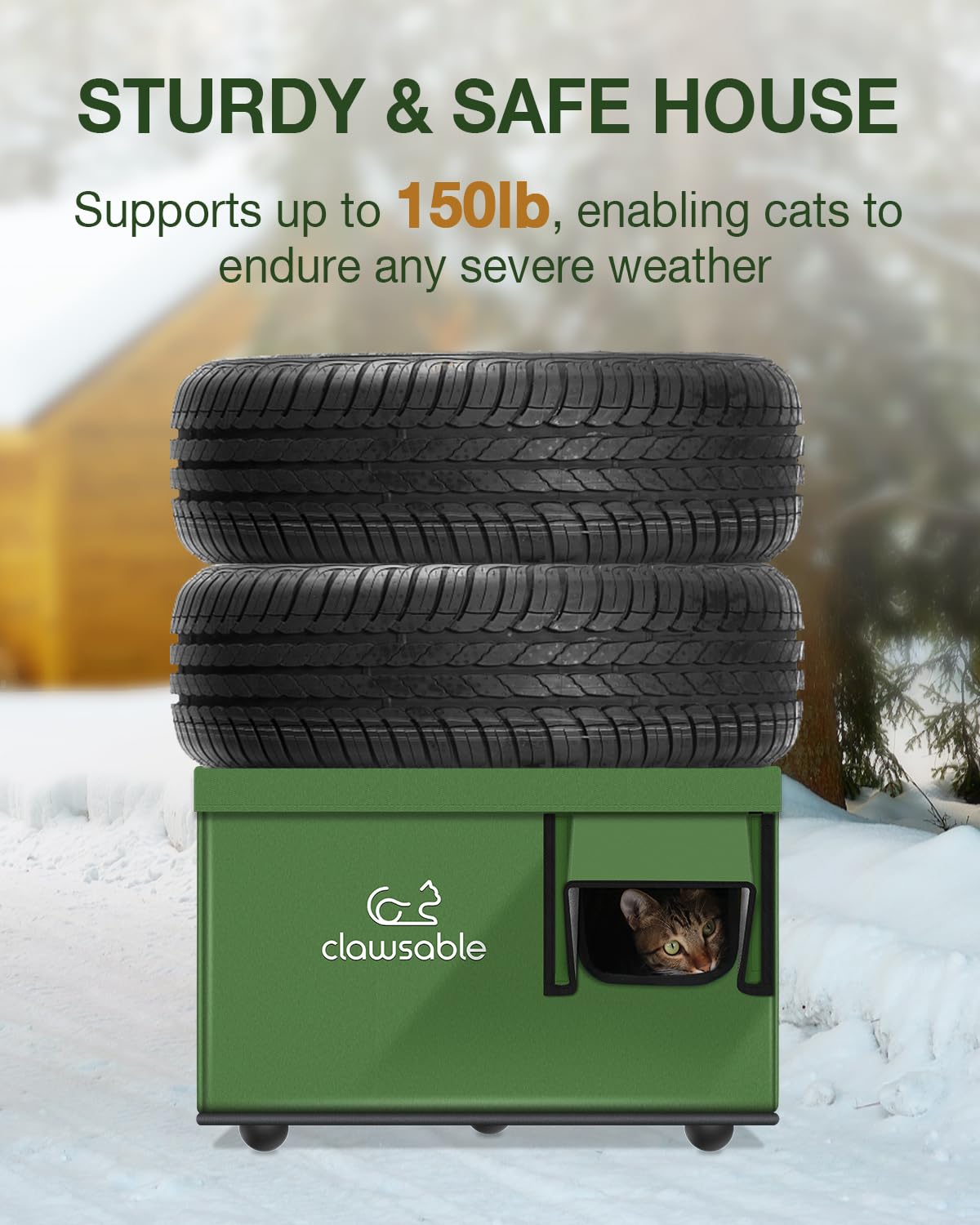Clawsable Indestructible Heated Cat House for Outdoor Cats - Waterproof, Insulated Shelter with Escape Door & Heating Pad - Easy Assembly for Winter Protection (Bush Green, Large) - Perfect for Feral Cats, Strays & Outdoor Pets in Cold Weather