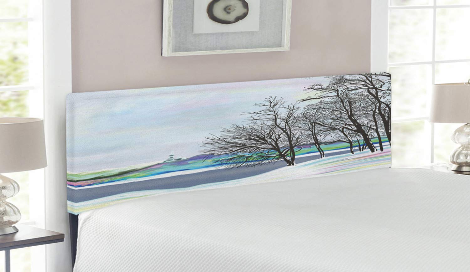Ambesonne Nature Headboard - Queen Size Upholstered Decorative Metal Bed Headboard with Memory Foam | Vibrant Digital Artwork of Rural Winter Forest with Leafless Tree Branches | Perfect for Bedroom Decor, Guest Rooms & Cozy Cabin Retreats
