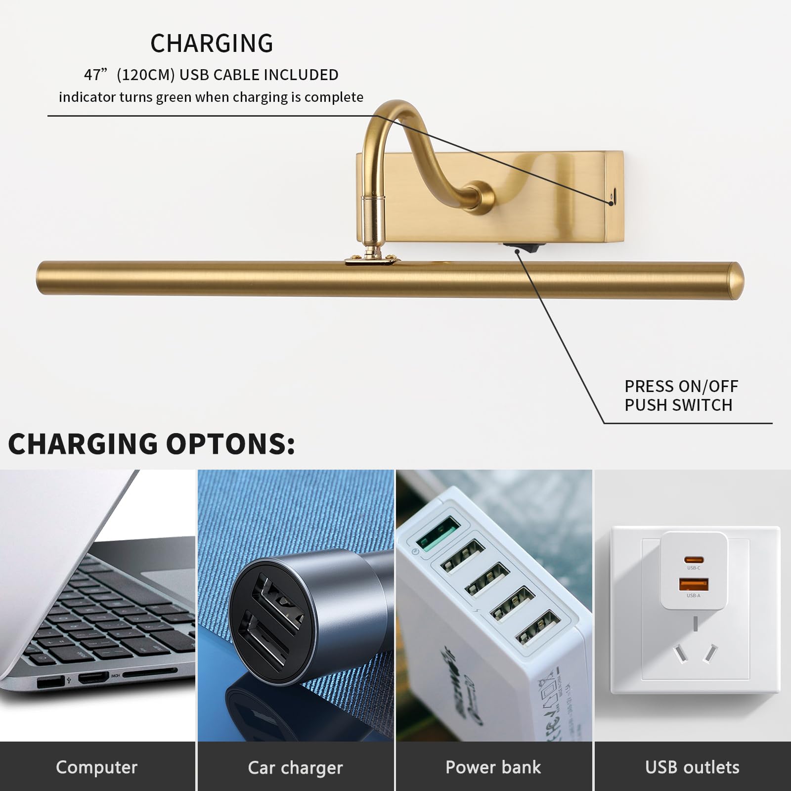 Modern 15.75in Battery Operated Picture Light - Dimmable Wireless LED Lighting for Paintings & Wall Art, Bronze Gold Finish, 5000mAh Long-Lasting Battery - Perfect for Home Gallery, Living Room Decor & Museum Display