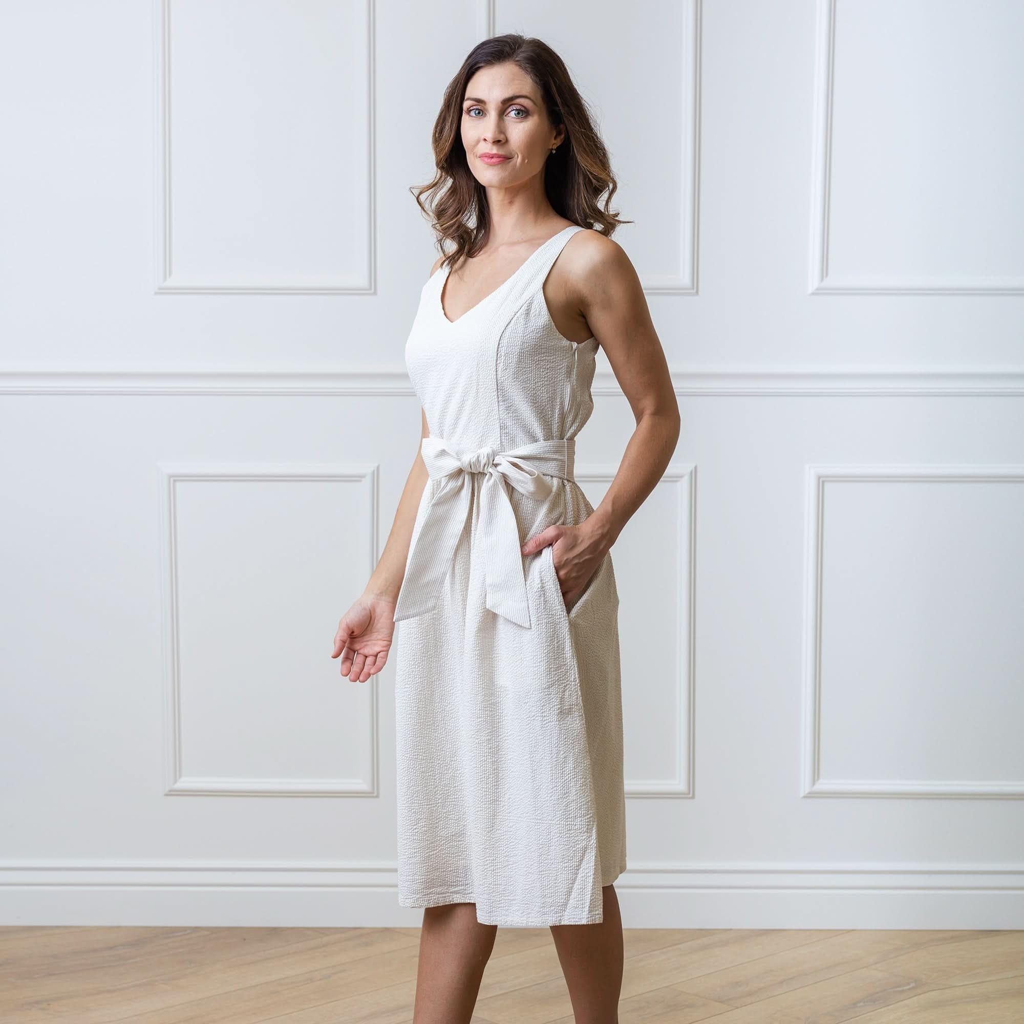 Hope & Henry Women's Sleeveless A-Line Dress with Adjustable Waist Sash - Flowy Summer Dress for Beach, Wedding & Casual Wear