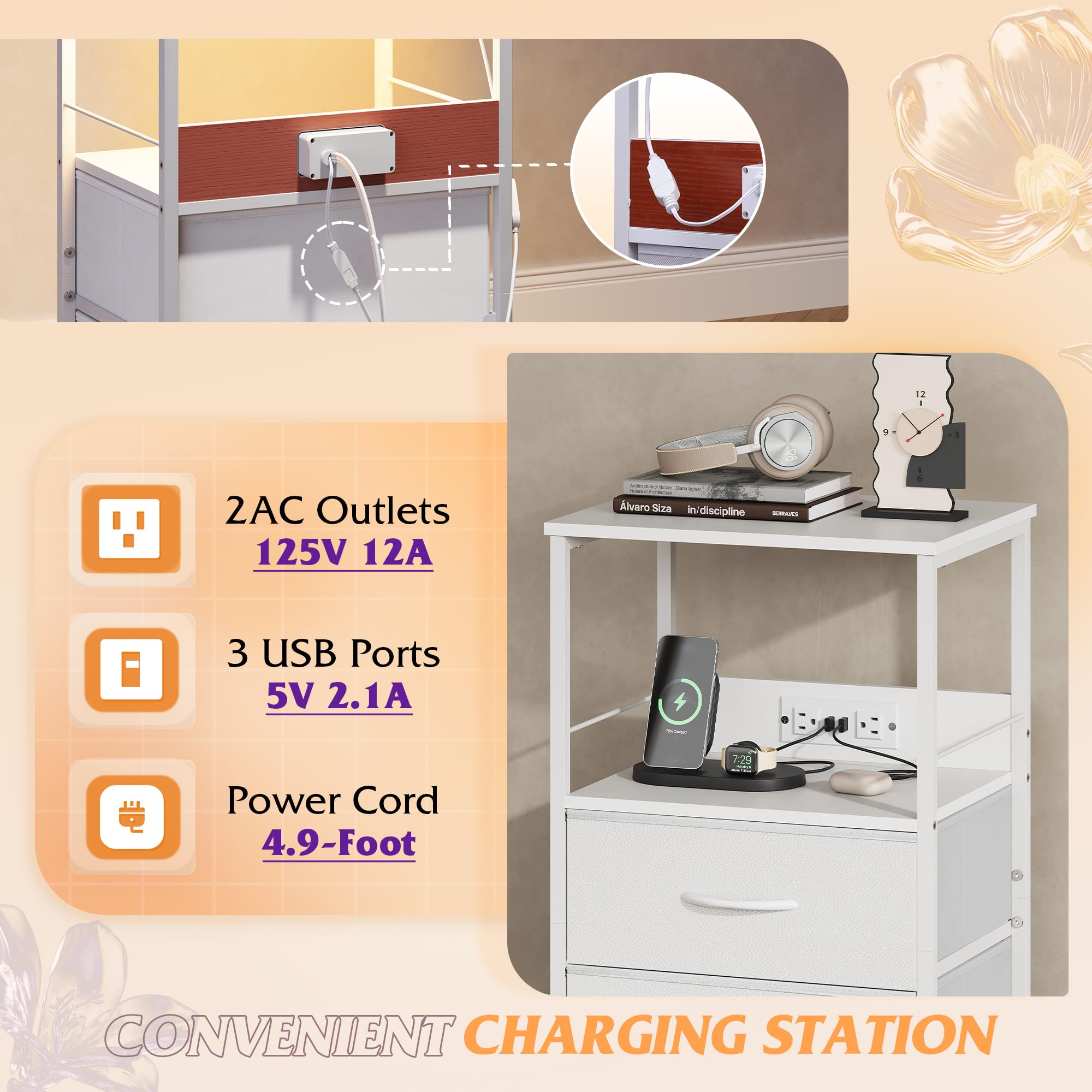 WLIVE White Night Stand with Charger Station - LED Nightstand with 2 Fabric Drawers & Storage Shelf - Bedside Table with 3 USB Ports & 2 Outlets - Small Dresser for Bedroom - Perfect for Charging Devices & Organizing Essentials in Modern Bedrooms
