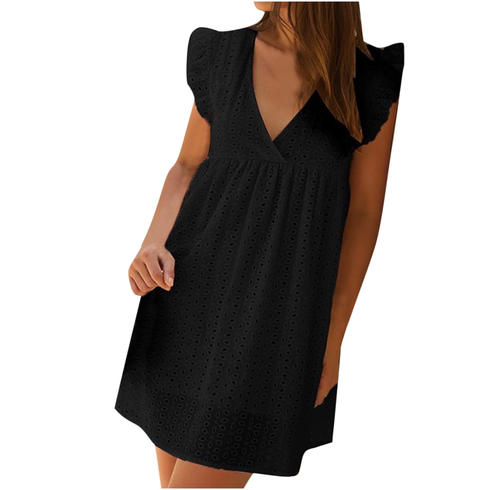 SHOPESSA Women's Hollow Out Babydoll Dress - Ruffle Sleeveless V-Neck Empire Waist Tunic Sundress for Summer, Beach, Party & Casual Wear | Flowy Swing Dress for Women 2022