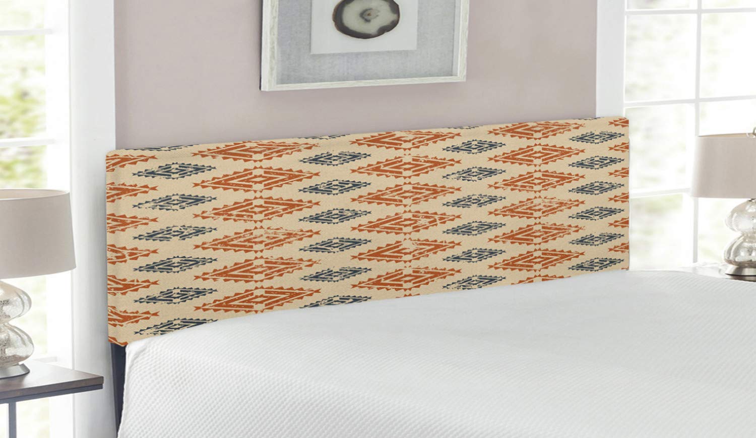 Ambesonne Zambia Upholstered Queen Size Headboard - Folk Retro Style Pastel Print with Memory Foam, Decorative Metal Bed Frame in Sand Orange & Dark Blue | Perfect for Bohemian & Vintage Bedroom Decor