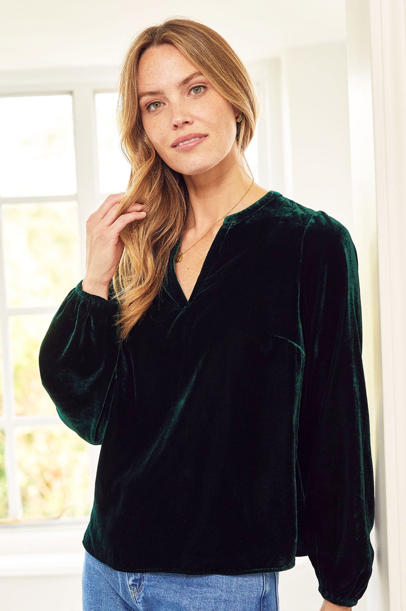 Faye Velvet Blouse for Women - Elegant Emerald Green Long Sleeve Blouse | Perfect for Office Wear, Date Night & Special Occasions