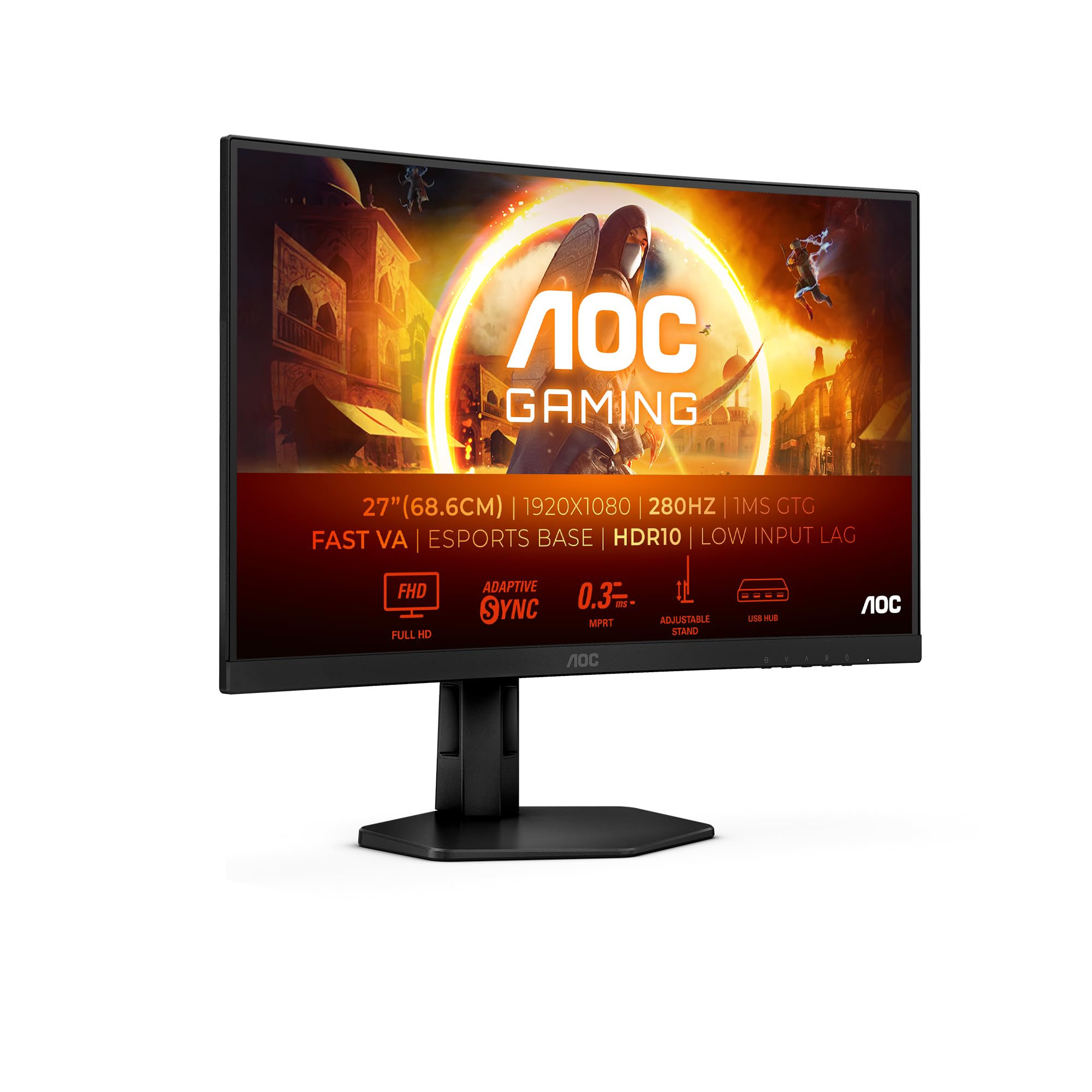 AOC Gaming C27G4ZXU 27 Inch FHD Curved Monitor - 280Hz Refresh Rate, 0.3ms Response Time, AMD FreeSync Premium, HDR10 (1920x1080, 2x HDMI, DisplayPort, USB Hub) Black/Gray - Perfect for Competitive Gaming, Esports & Immersive Entertainment