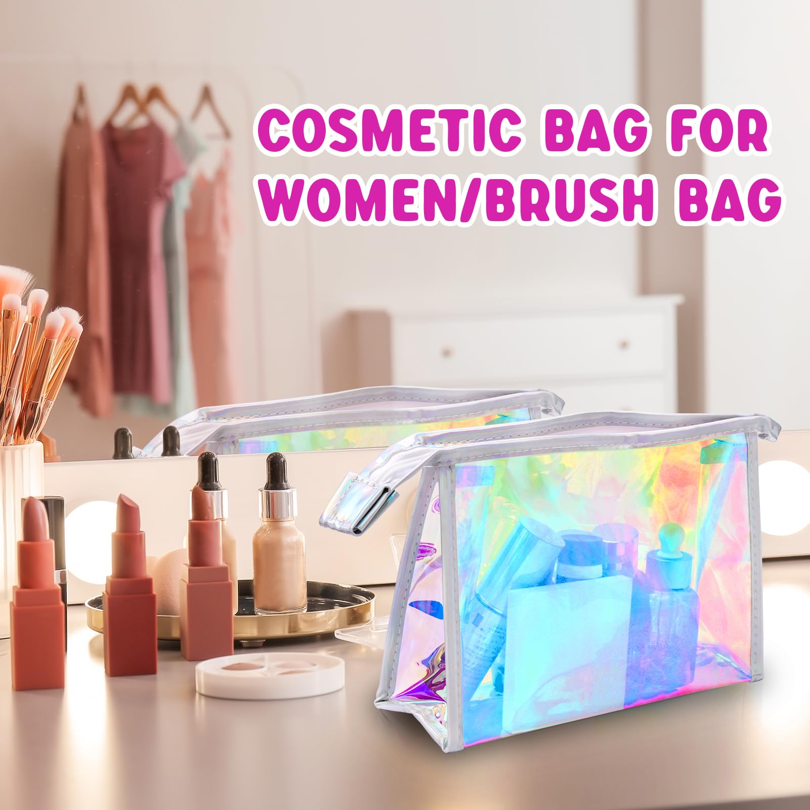 2 Pack Holographic Makeup Bags - Iridescent Waterproof Cosmetic Pouches with Zipper, Travel Toiletry Organizer & Brush Holder for Women | Perfect for Travel, Gym, and Daily Makeup Storage