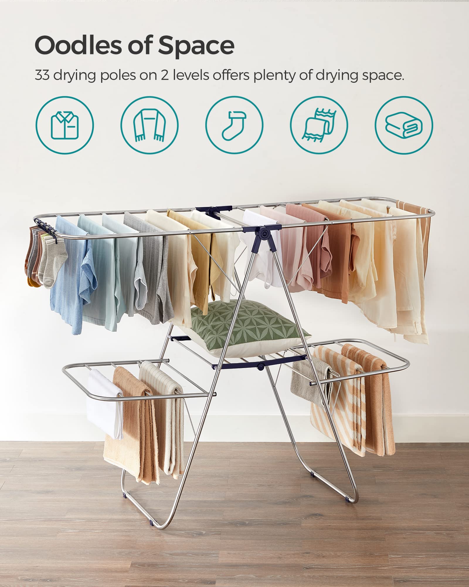 SONGMICS Foldable 2-Tier Clothes Drying Rack - Free Standing Large Laundry Rack with 33 Drying Rails, Adjustable Height & Sock Clips - Space Saving for Small Apartments, Balcony & Indoor Drying (Silver & Blue, ULLR53BU)