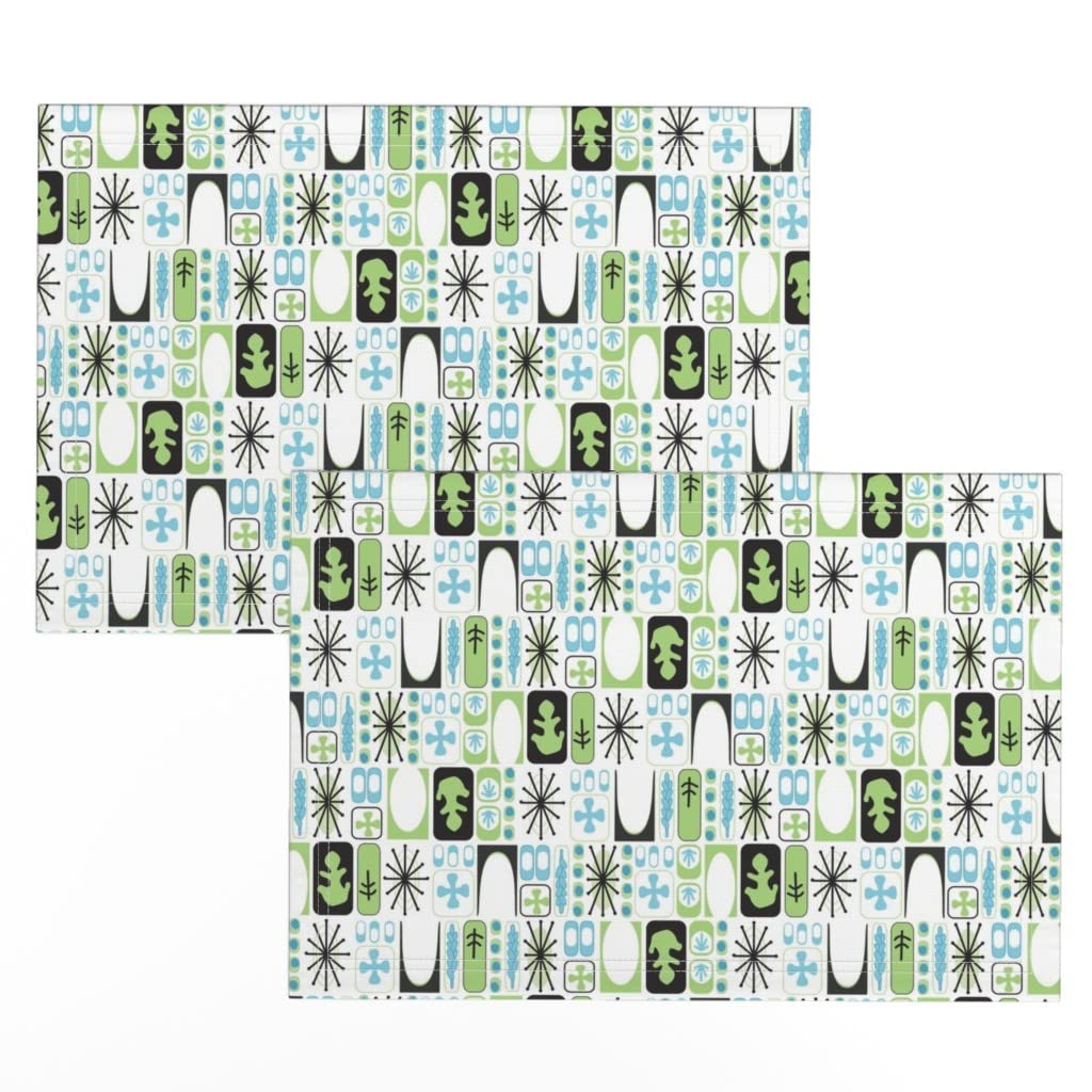 Atomic Midcentury Modern Geometric Retro Square Placemats Set of 2 - White Printed Linen Cotton Canvas Table Mats for Dining, Kitchen & Home Decor