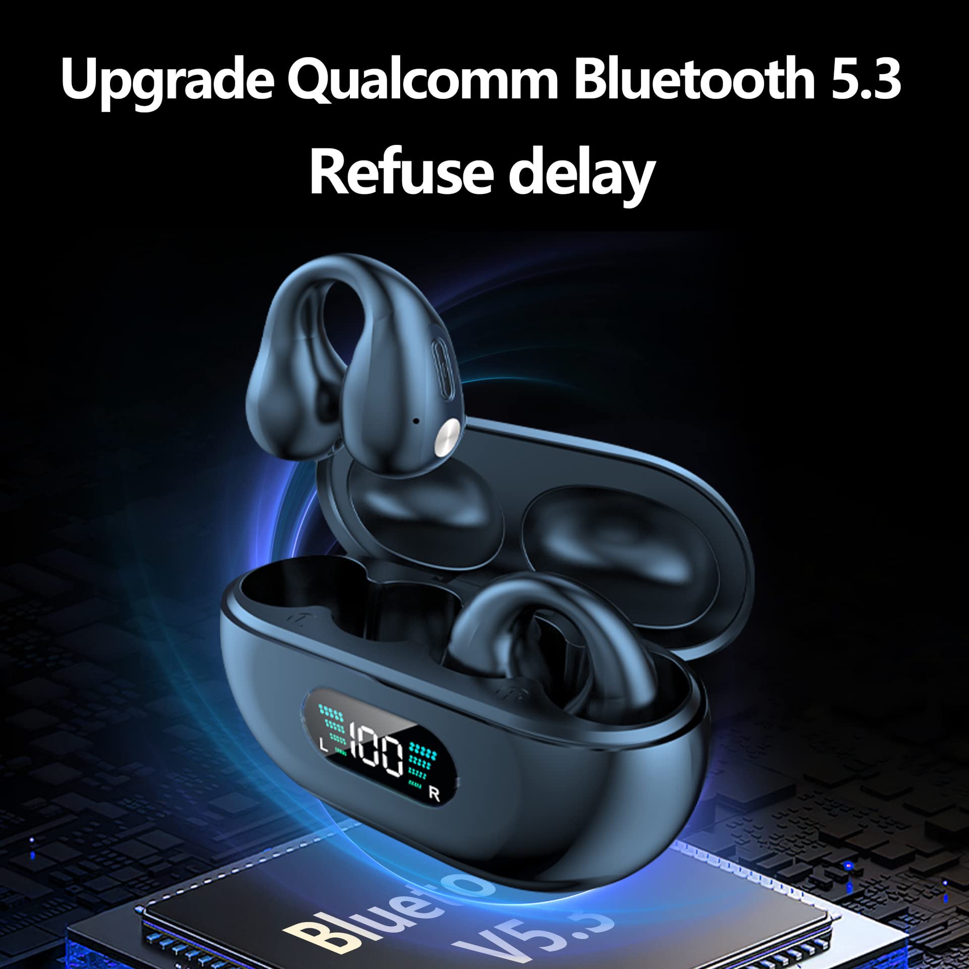 Bluetooth 5.3 Wireless Bone Conduction Headphones - Open Ear Clip-On Headset with HiFi Stereo, IPX5 Waterproof & Noise Cancelling - Perfect for Running, Cycling, Gym Workouts & Travel (Black)