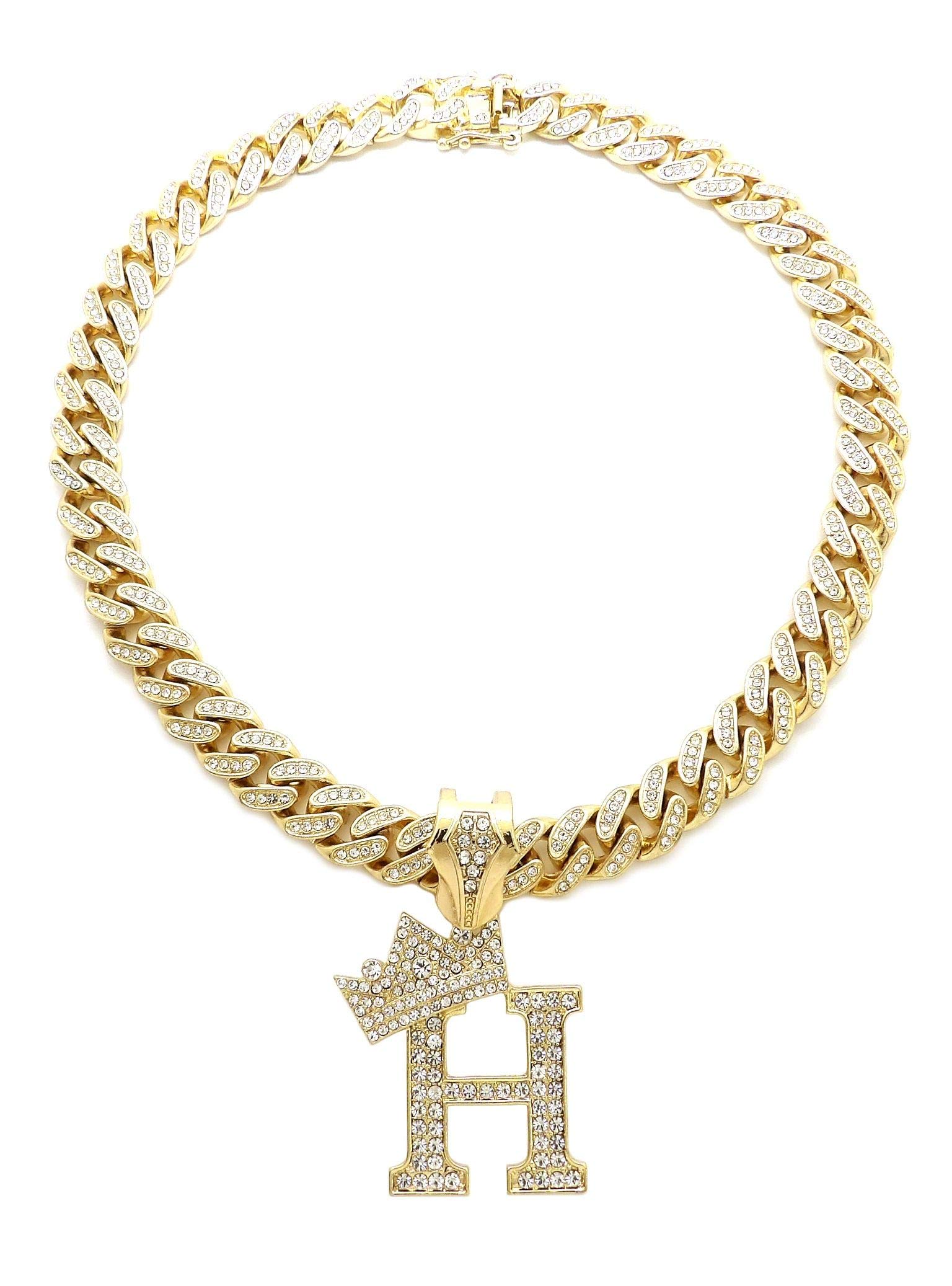 NYFASHION101 Iced Out Miami Cuban Chain Necklace with 12mm Stone Stud Crown Initial Pendant - Perfect for Hip Hop Jewelry, Streetwear Fashion & Gift Giving