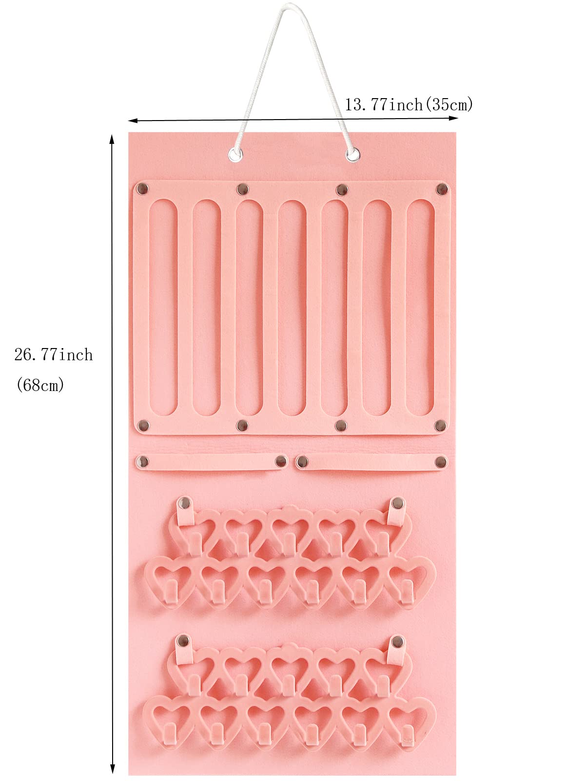 Pink Felt Wall Hanging Jewelry Organizer with Detachable Hooks - Display Board for Earrings, Necklaces, Hair Clips & Headbands - Space Saving Girls Bedroom Decor for Dorm, Bathroom & Closet Organization