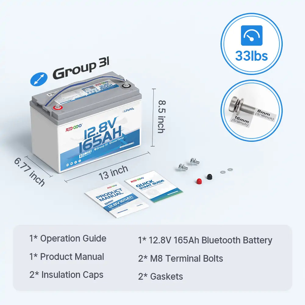 Redodo 12V 165Ah Group 31 Bluetooth Lithium Battery - Deep Cycle for RV, Marine, Solar Power - Perfect for Off-Grid Living & Emergency Backup Power