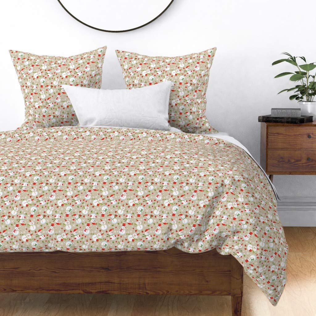 Festive Snowmen Scatter Tan Holiday Duvet Cover - King/California King Size Cotton Sateen Bedding for Christmas Winter Decor | Cozy Bedroom Upgrade & Seasonal Home Styling