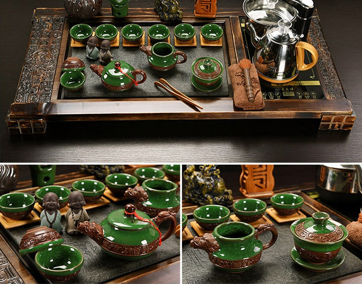 Premium Handcrafted Ice Crack Tea Set with Fire Wood & Stone Tea Tray - Perfect for Zen Meditation, Japanese Tea Ceremony & Home Decoration