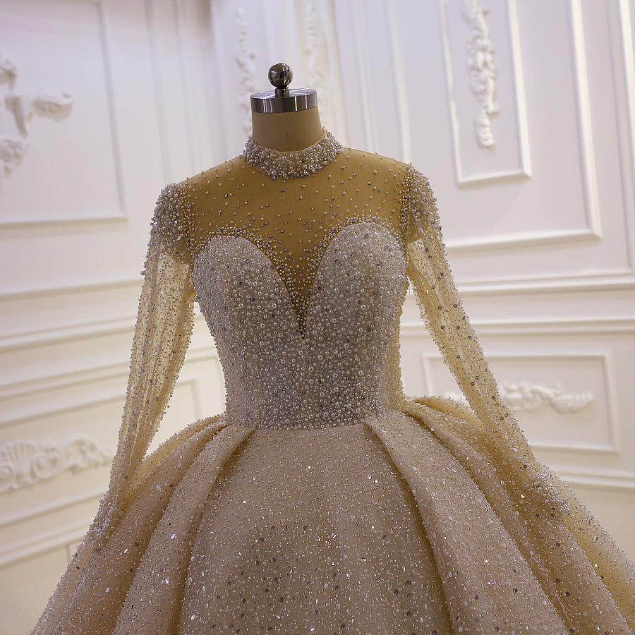 Elegant Long Sleeve Wedding Dress with Handmade Crystal Pearls - Perfect for Bridal Ceremonies, Formal Events & Luxury Occasions
