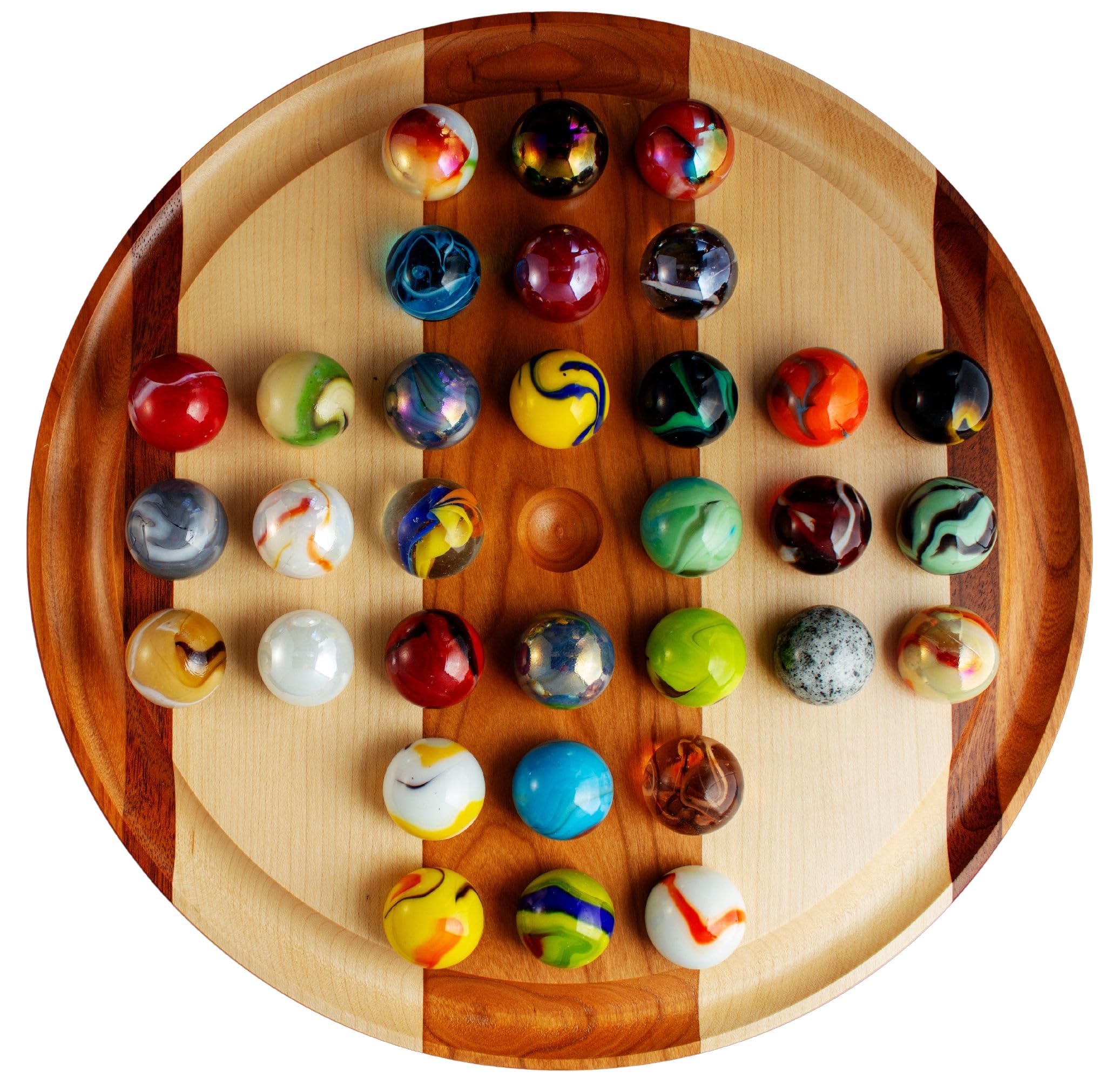 Handmade Marble Solitaire Board Game with Glass Marbles - 16 Inch Classic Wooden Board with Subtle Stripes Pattern | Perfect for Family Game Nights, Gifts & Home Decor