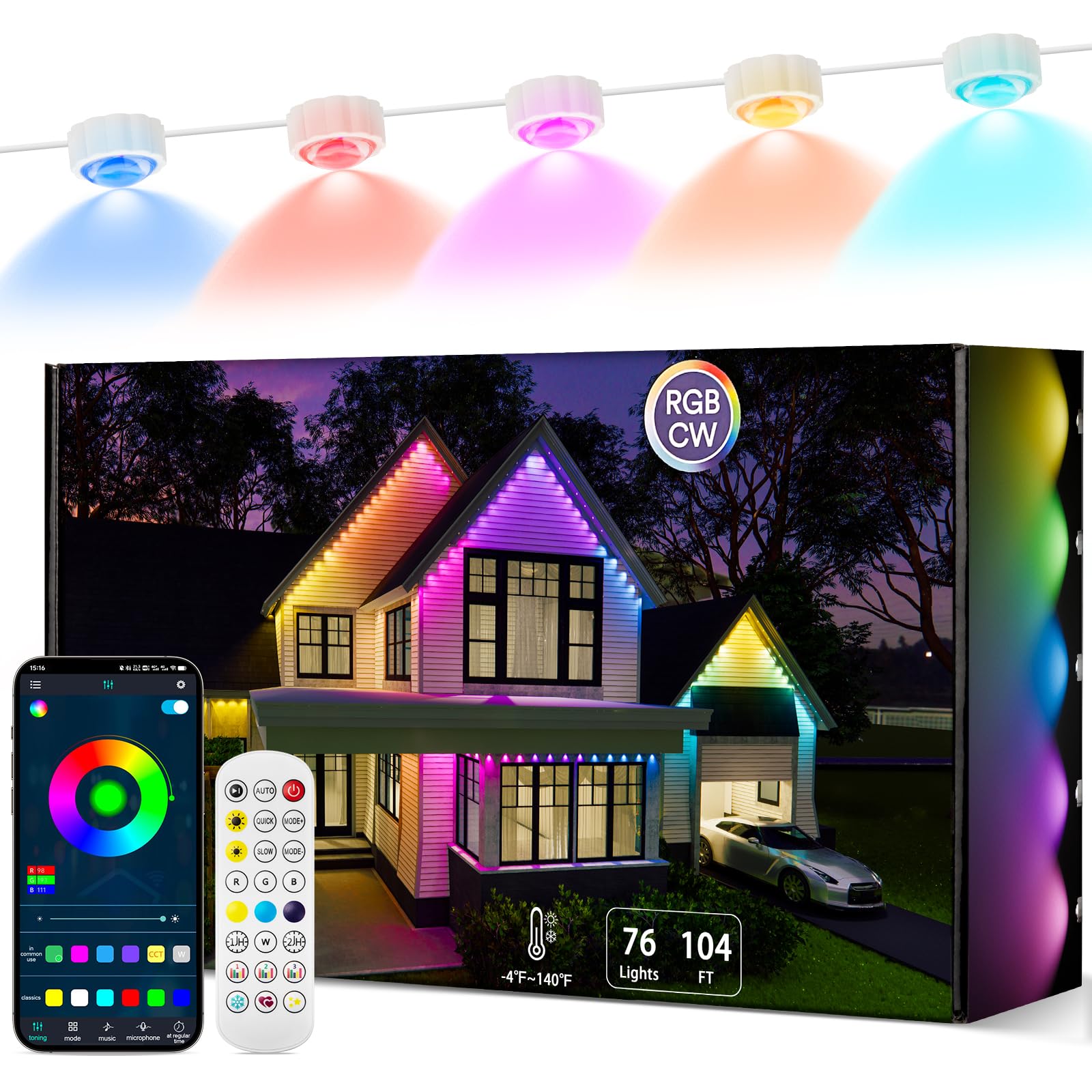 104ft RGBIC Smart LED String Lights with 76 LEDs - Permanent Outdoor Downlights for Eaves, Compatible with Alexa & Google Assistant, Music Sync, APP/Voice/Remote Control - Perfect for Parties, Holiday Decorations, Backyard & Patio Lighting