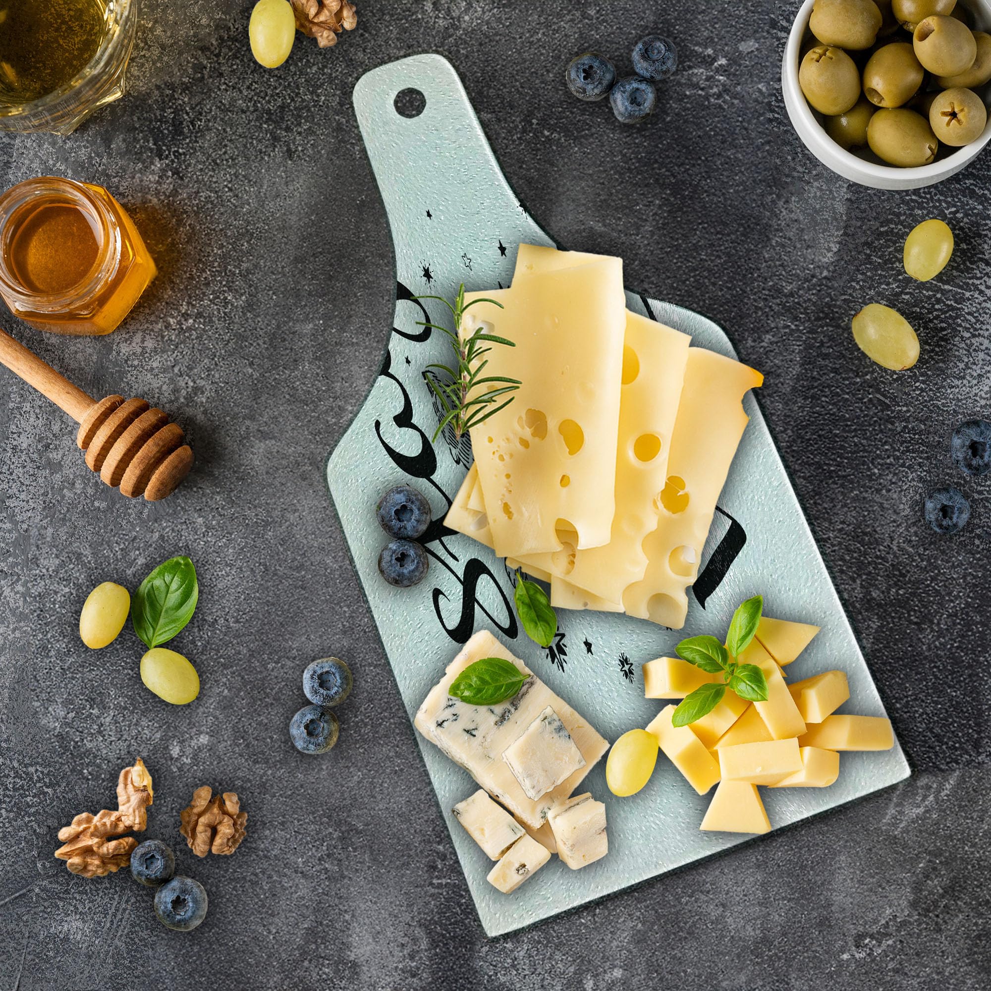 Ambesonne Bear Themed Tempered Glass Cutting Board - Hand Drawn Dancing Animal Design with Inspirational 