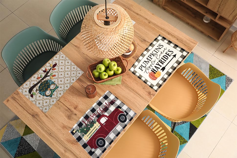 8-Piece Fall Placemats Set - Buffalo Plaid Autumn Table Mats with Apple Cider, Hayrides & Pumpkin Designs - Tapestry Style Seasonal Home Decor for Thanksgiving, Halloween & Cozy Dining Tables