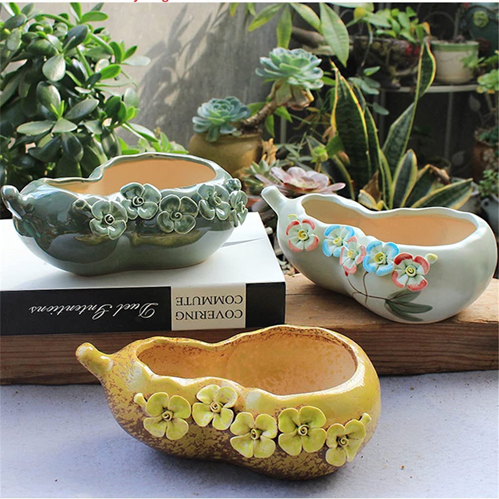 Hand-Painted Coarse Pottery Succulent Planter Set - 3 Pcs Floral Pattern Ceramic Calabash Flower Pots for Mini Bonsai, Home & Garden Decor | Perfect for Indoor Plants, Office Desk Decorations, and Gift Ideas