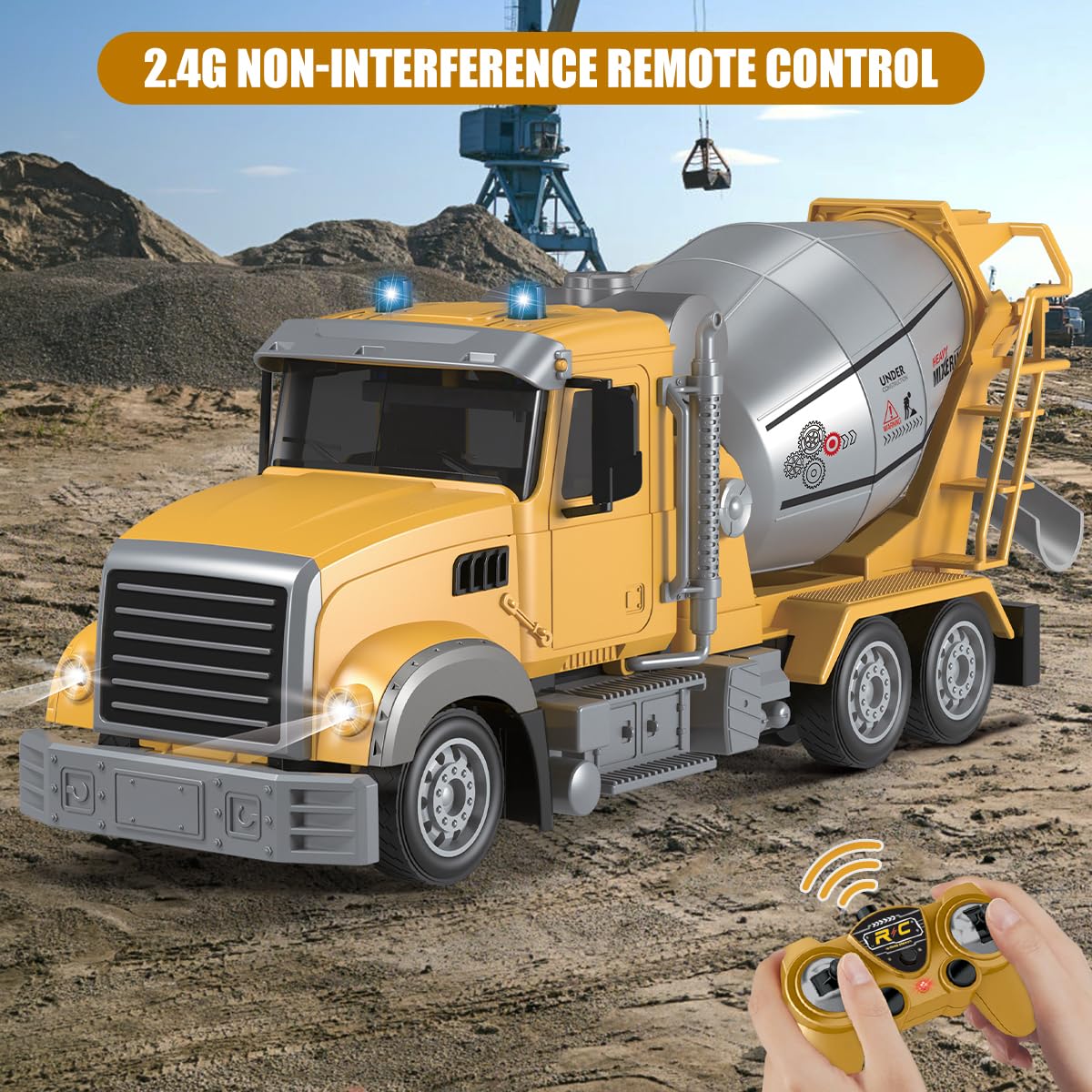 Fistone 1:24 Scale RC Cement Mixer Truck Toy - 6 Channel Remote Control Construction Vehicle with Lights & 360° Rotation - Rechargeable Electric Toy for Kids | Perfect for Construction Play, Birthday Gifts & STEM Learning