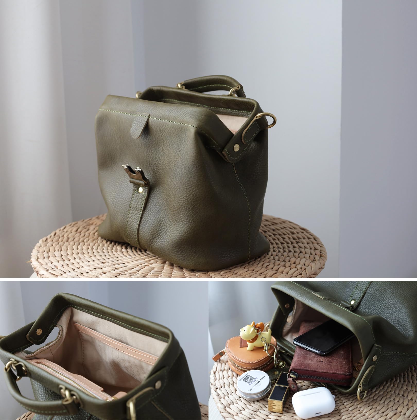Soft Leather Doctor's Bag - Stylish Doctor Style Tote, Genuine Leather Purse, Adjustable Shoulder Strap, Monogrammable Everyday Carry Large Bag (Olive) - Perfect for Medical Professionals, Work Commute & Travel