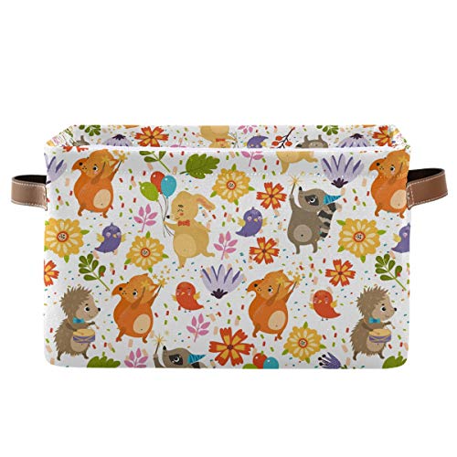 Happy Hedgehog Rabbit Fox Raccoon Pattern Rectangular Storage Bin with Handles - Canvas Fabric Square Storage Basket for Organizing Nursery, Home Closet, Shelf & Office (Perfect for Kids' Room, Laundry & Toy Storage)