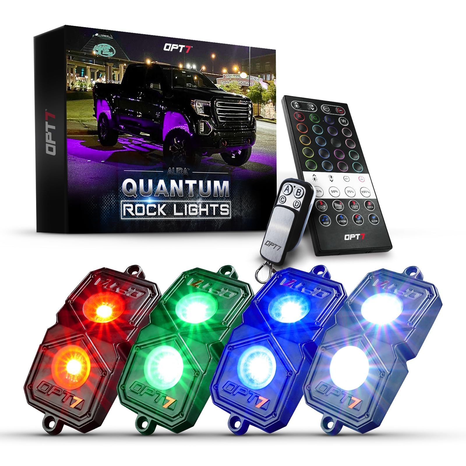 OPT7 Quantum RGBW LED Rock Lights with Remote Control - 4 Pods Wide Angle Multicolor Neon Underglow Lighting Kit with Extension Wire, IP68 Waterproof for Offroad Vehicles, Trucks, Jeeps, RZR, ATV, UTV, SUV - Perfect for Night Off-Roading, Car Shows & Custom Vehicle Lighting