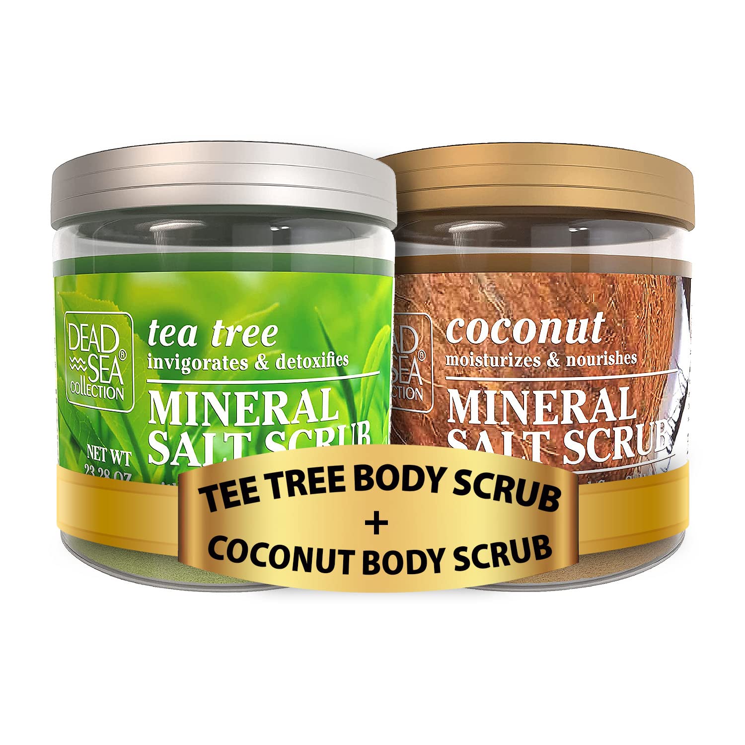 Premium Dead Sea Salt Body Scrub Bundle - 2 Pack Large 23.28oz (Tea Tree & Coconut) with Organic Essential Oils & Natural Minerals - Exfoliating & Moisturizing for Smooth Skin - Perfect for Spa Day, Gift Sets & At-Home Skincare Routine