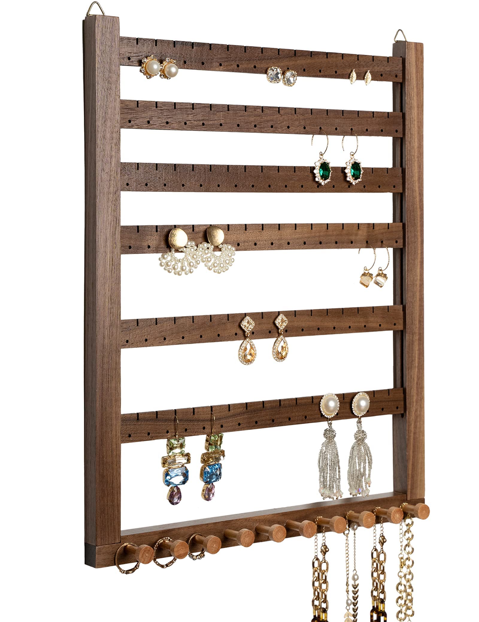 Easy Assemble Solid Walnut Wood Jewelry Organizer - Wall Mount Earring & Necklace Holder for Rings, Scrunchies - Perfect for Bedroom, Bathroom & Closet Organization
