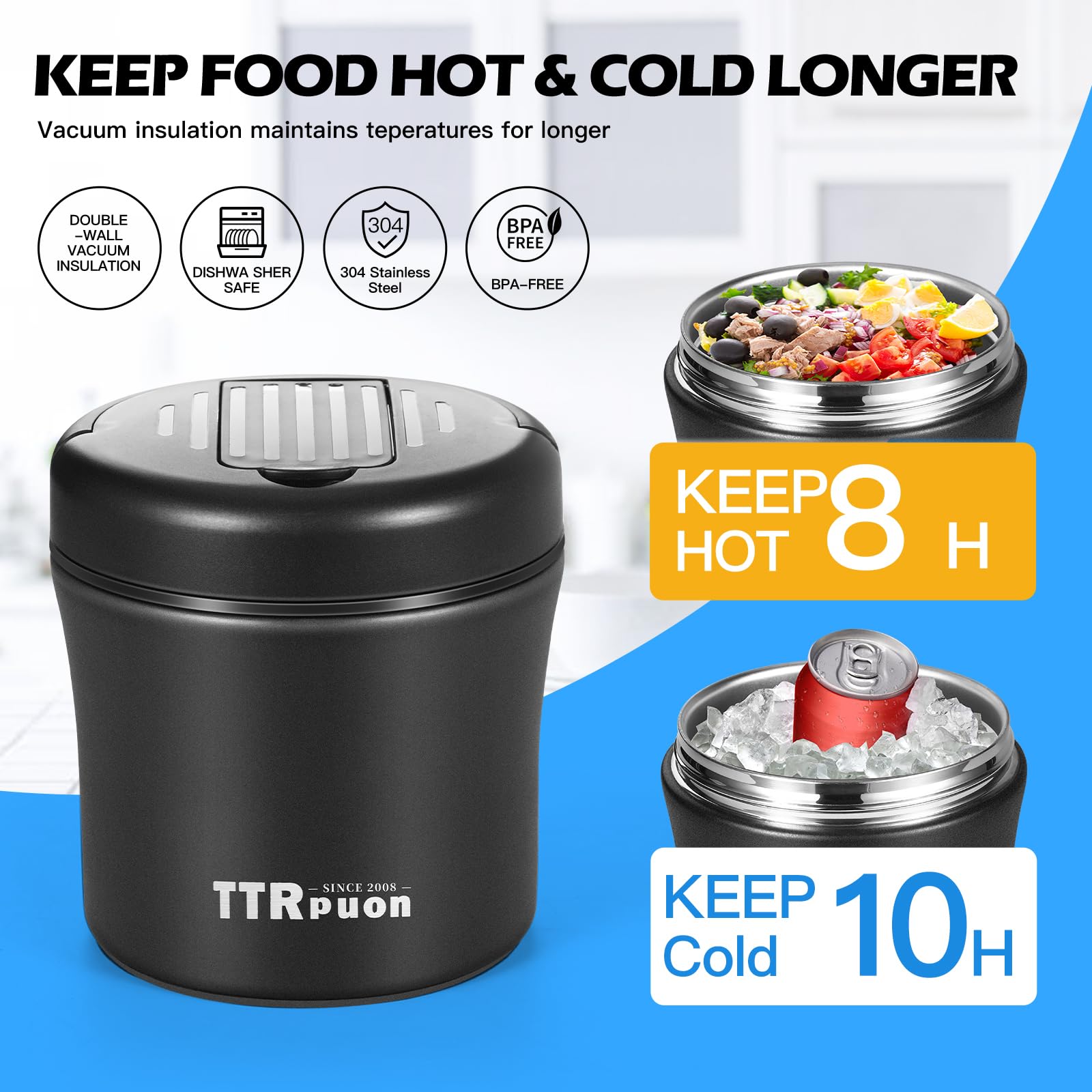 40oz Stainless Steel Insulated Food Container - Wide Mouth Thermos Jar for Hot Soup & Meals, Includes Folding Spoon & Handle (Black) | Perfect for Office Lunch, Picnics & Outdoor Activities