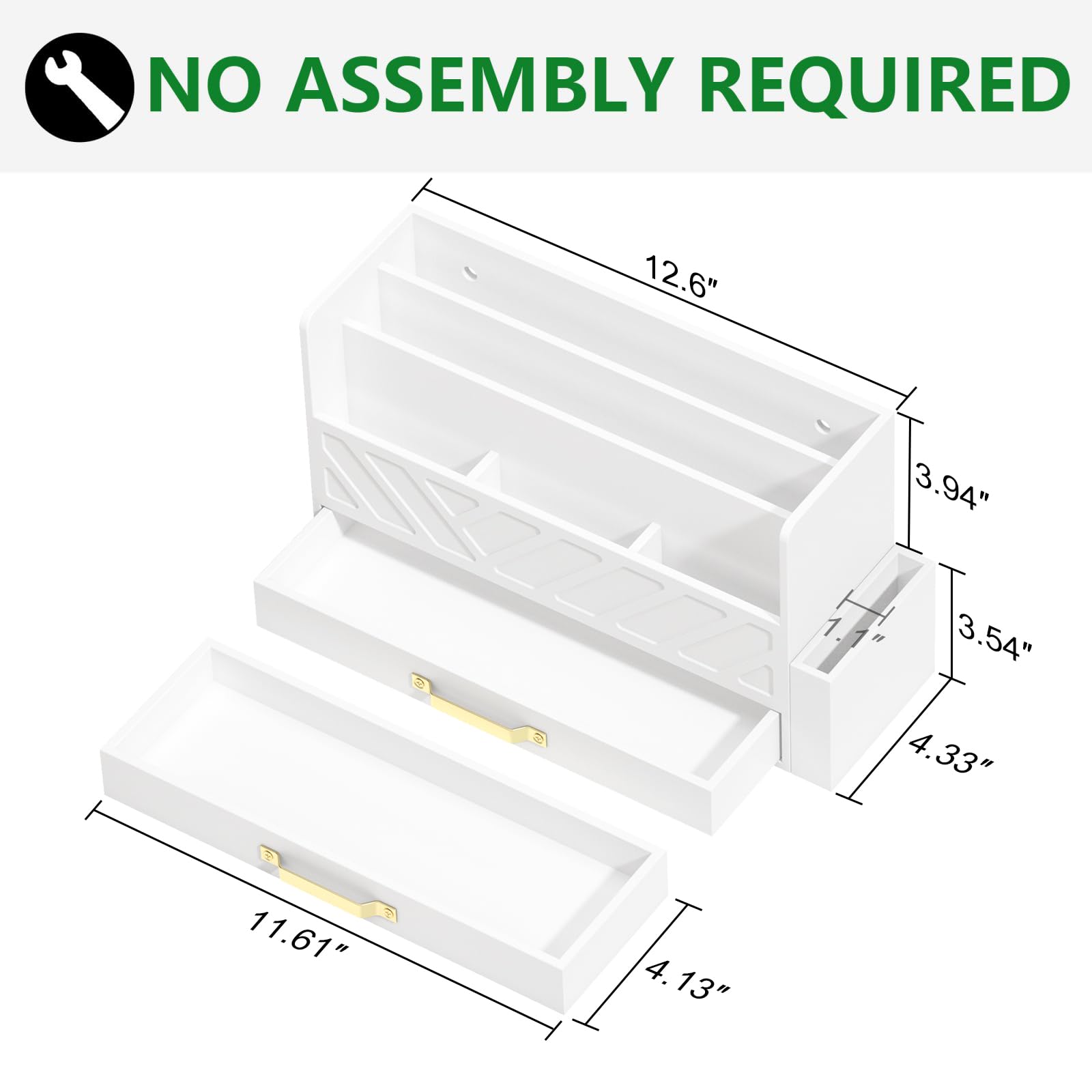 Bamboo Desk Organizer - Wooden Mail & Letter Sorter, Pen Holder, Makeup Organizer with Drawer for Countertop Storage - Perfect for School, Home & Office Supplies (White) - Ideal for Workspace, Study Desk & Office Organization