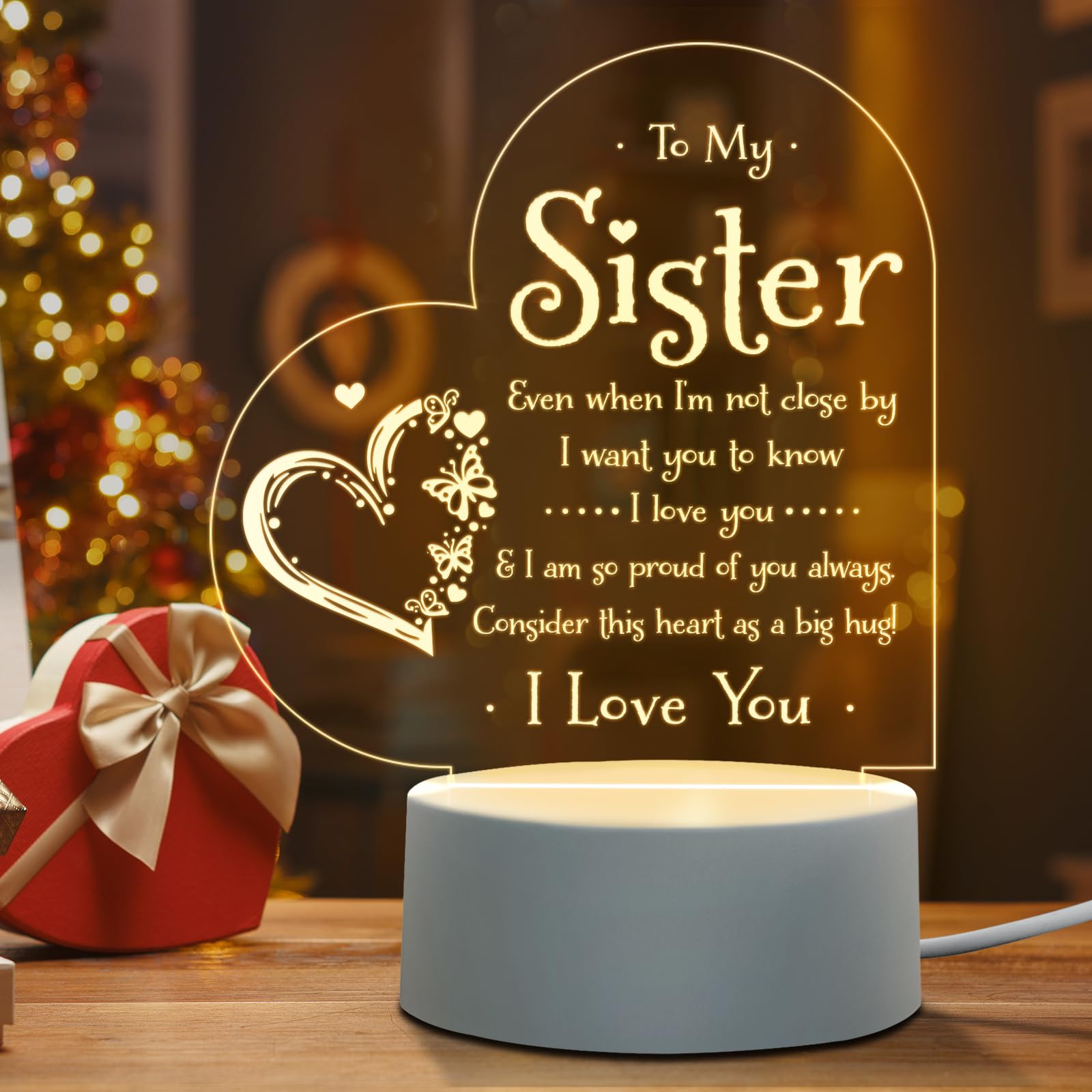 Personalized Sister Night Light - Custom Engraved Birthday Gift for Sister, Mothers Day, Graduation, Wedding & Christmas - Heartwarming Bedside Lamp for Sister from Brother/Sister - Perfect for Bedroom, Nursery & Gift Giving Occasions