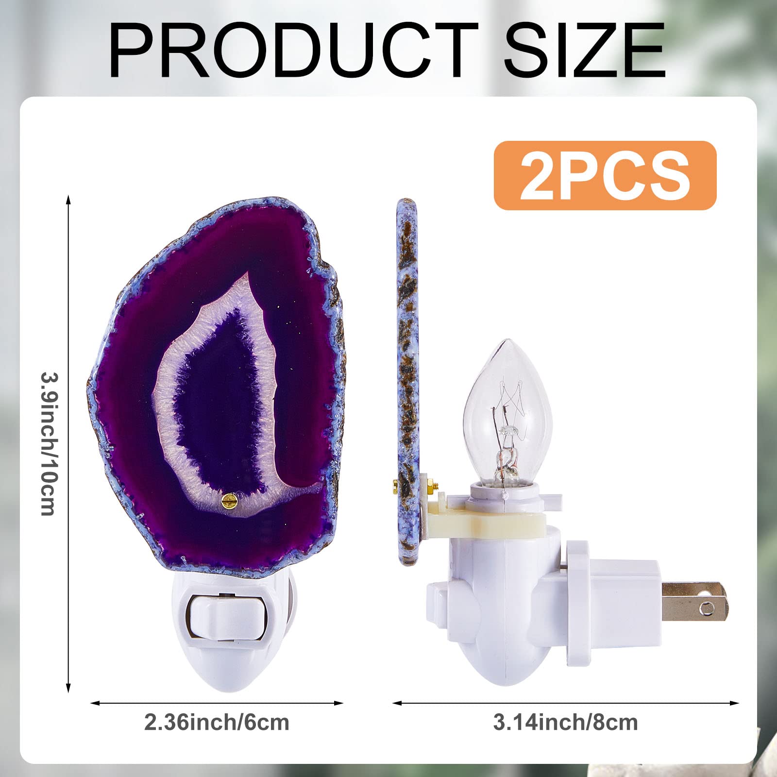 Funtery 2-Pack Agate Slice Night Light - Plug-in Crystal LED Lamp with On/Off Switch for Hallway, Stairway, Bedroom, Kitchen & Bathroom - Blue Purple Agate Stone Decor for Home & Office