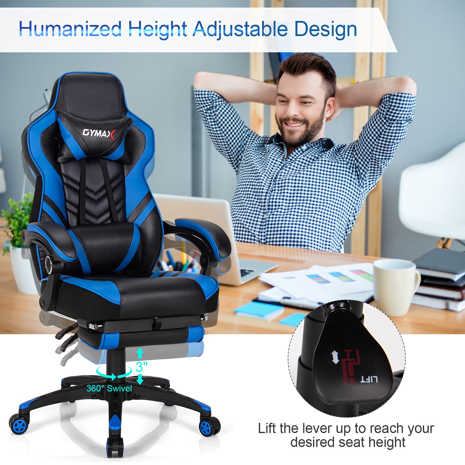 Ergonomic Blue Gaming Chair for Adults & Teens - High Back Racing Style Computer Desk Chair with Reclining, Retractable Footrest, Lumbar Support & Headrest - Perfect for Esports, Streaming & Home Office Setup