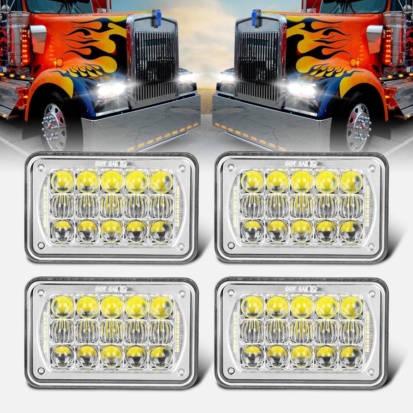 LOYO 4×6 LED Headlight Kit - 4PCS Chrome H4656 Replacement for Kenworth T800 T600 Peterbilt 379 Freightliner - High Brightness Waterproof Truck Lights for Night Driving & Off-Road Use