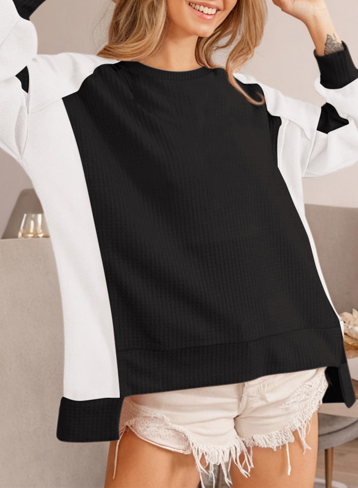 Women's Oversized Waffle Knit Color Block Crewneck Sweatshirt - Casual Long Sleeve High-Low Pullover Top | Perfect for Lounge Wear, Fall Outfits & Street Style Fashion