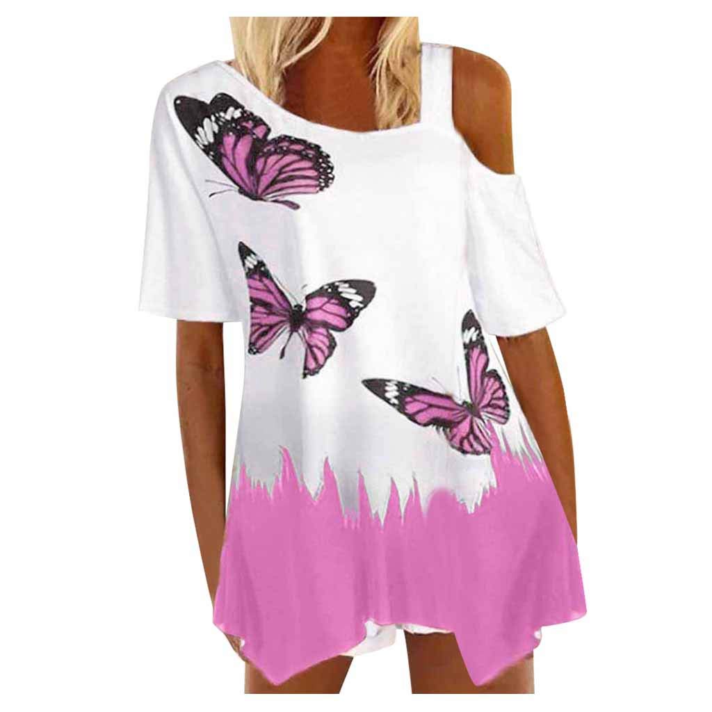 Women's Asymmetric Cold Shoulder Butterfly Print Short Sleeve T-Shirt - Casual Summer Blouse in White | Perfect for Beach Outings, Date Nights & Weekend Wear
