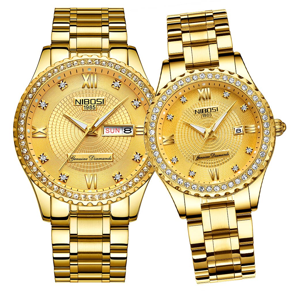 Luxury Diamond Couple Watches for Men and Women - His and Hers Matching Wristwatch Set, Waterproof Analog Quartz Watch with Day/Date - Perfect for Valentine's Day, Wedding Gifts & Anniversary Celebrations