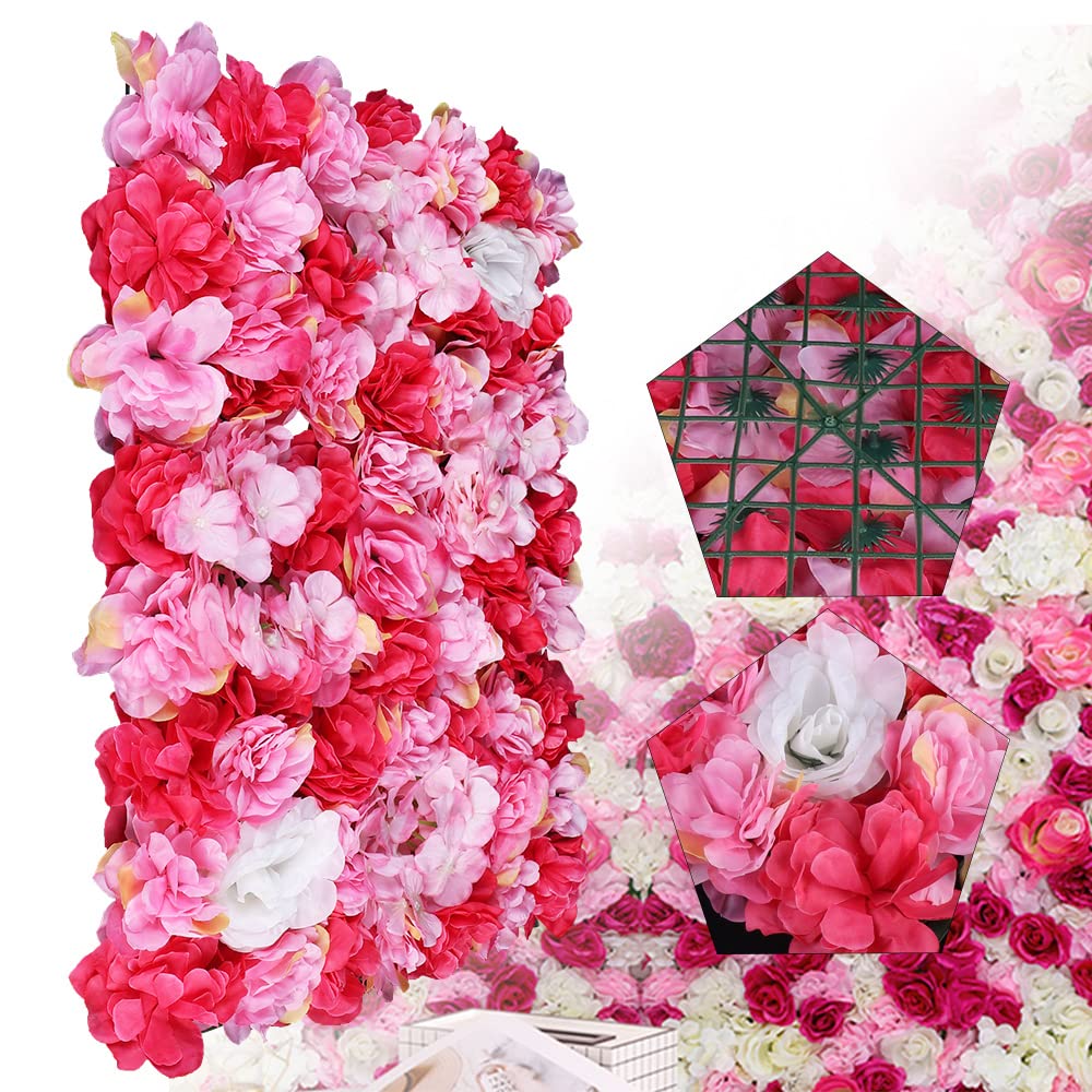 12 Pieces Artificial Silk Flower Wall Panels - Pink Romantic Roses Backdrop for Wedding, Party, Photo Booth & Home Decoration | Hanging Floral Wall Decor for Venue, Main Road & Event Backgrounds