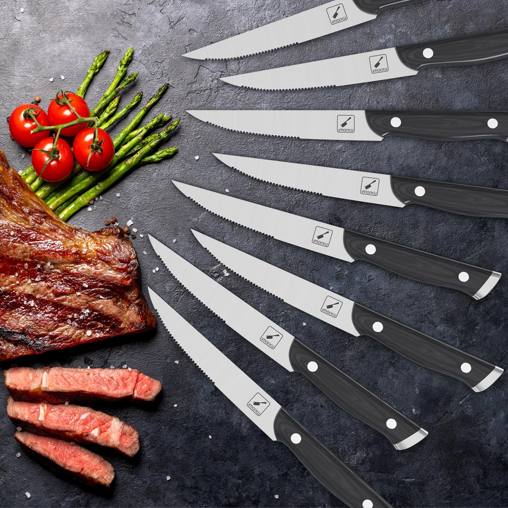 Imarku 8-Piece Steak Knives Set - Serrated Japanese HC Steel Blades with Pakkawood Ergonomic Handles - Premium Steak Knife Set in Gift Box - Perfect for Steak Dinners, BBQ Parties & Housewarming Gifts for Men & Women
