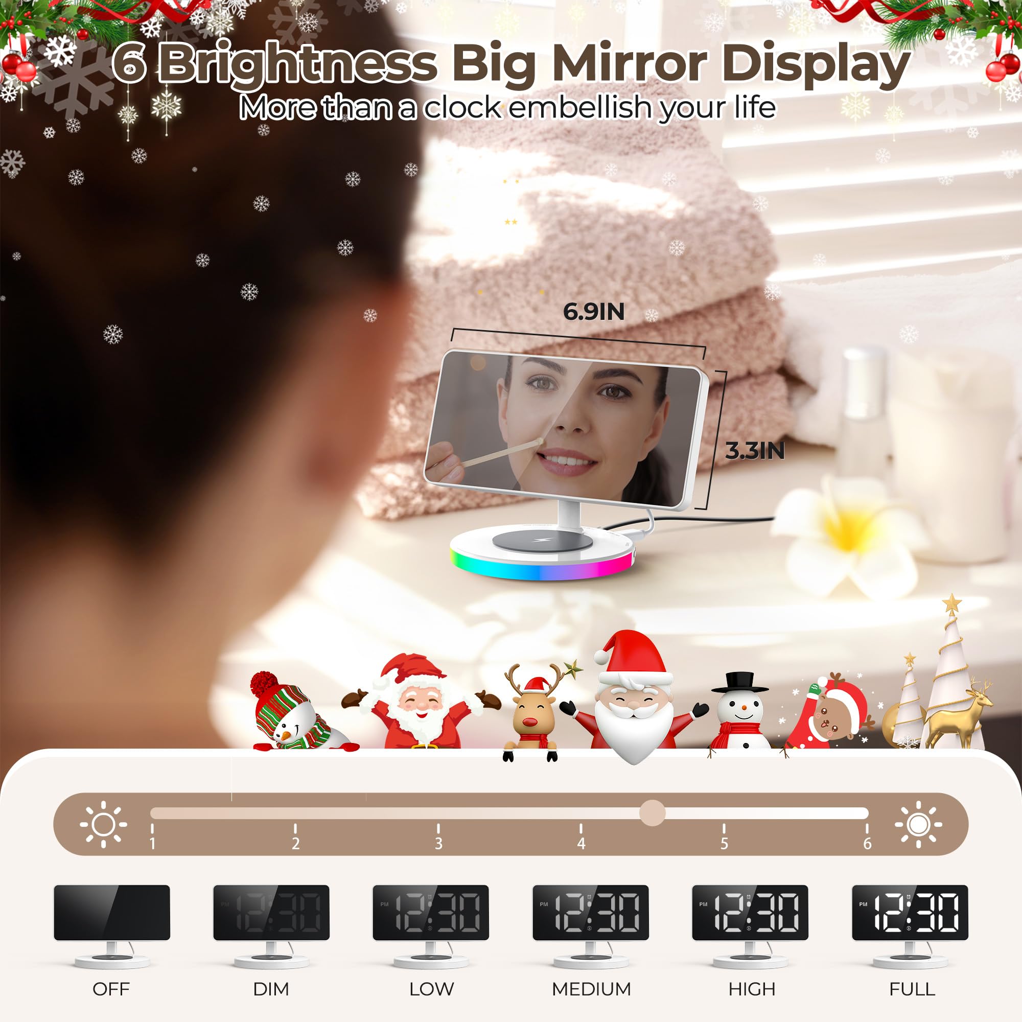 Wireless Charging Digital Alarm Clock with LED Mirror Display - Adjustable Brightness (5 Levels + OFF), Progressive Volume, USB Charger & Dimmable Night Light for Bedroom, Home, Office Decor | Perfect for Nightstands, Desks & Gift Giving