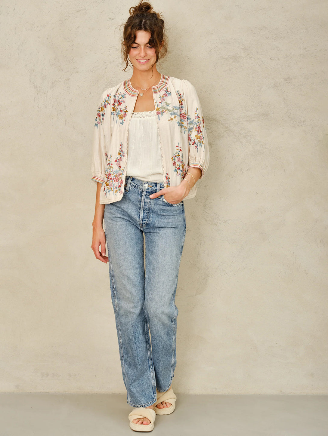 Embroidered Jacket for Women - Elegant Ecru Emi Design | Perfect for Casual Outings, Date Nights & Spring Fashion