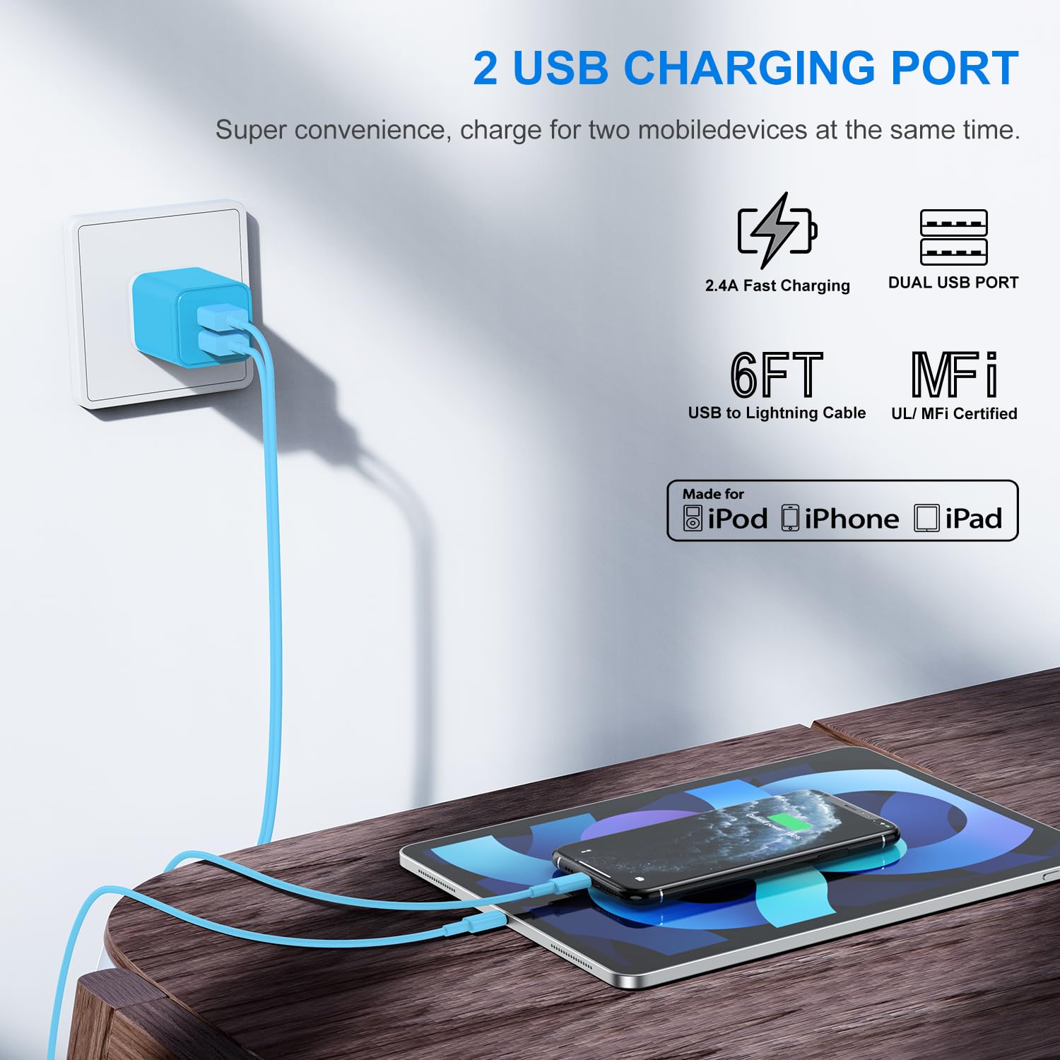 Apple MFi Certified iPhone Charger & Wall Plug - 2Pack 6ft Lightning Cable with 2.4A Fast Dual Port USB Charger for iPhone 14/13/12/11/XR/XS/8/7/6S Plus/SE/5C (Blue) - Perfect for Home, Office & Travel Charging