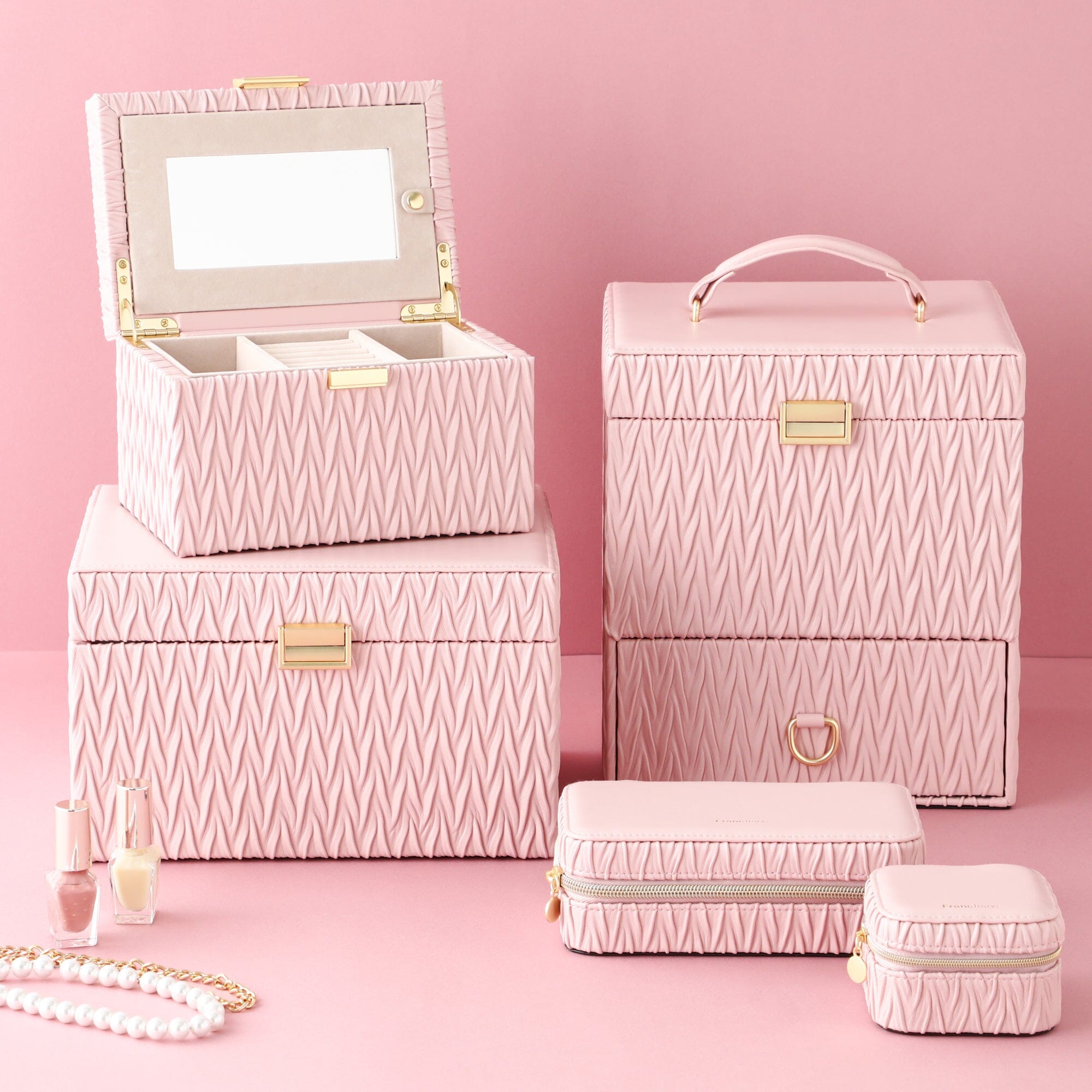 Luxury Pink Embossed Jewelry Box with Mirror - Large Storage Organizer for Necklaces, Rings & Earrings - Perfect for Gift Giving & Home Decor
