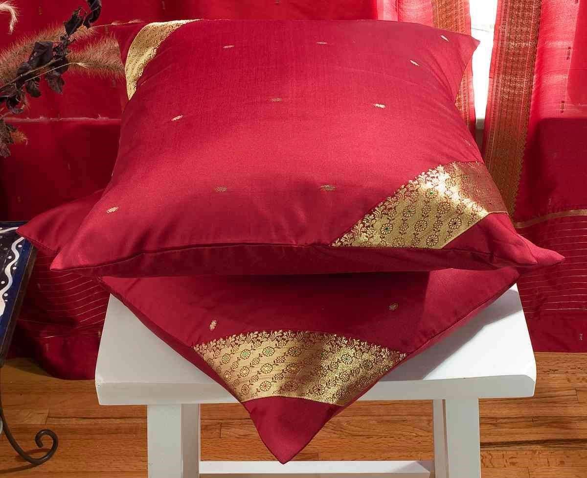 Luxurious Maroon Handmade Sari Cushion Covers Set of 2 | Indian Sari Throw Boho Decor Pillow Covers with Zipper | 20x20 Inch Home Decor for Living Room, Bedroom & Sofa