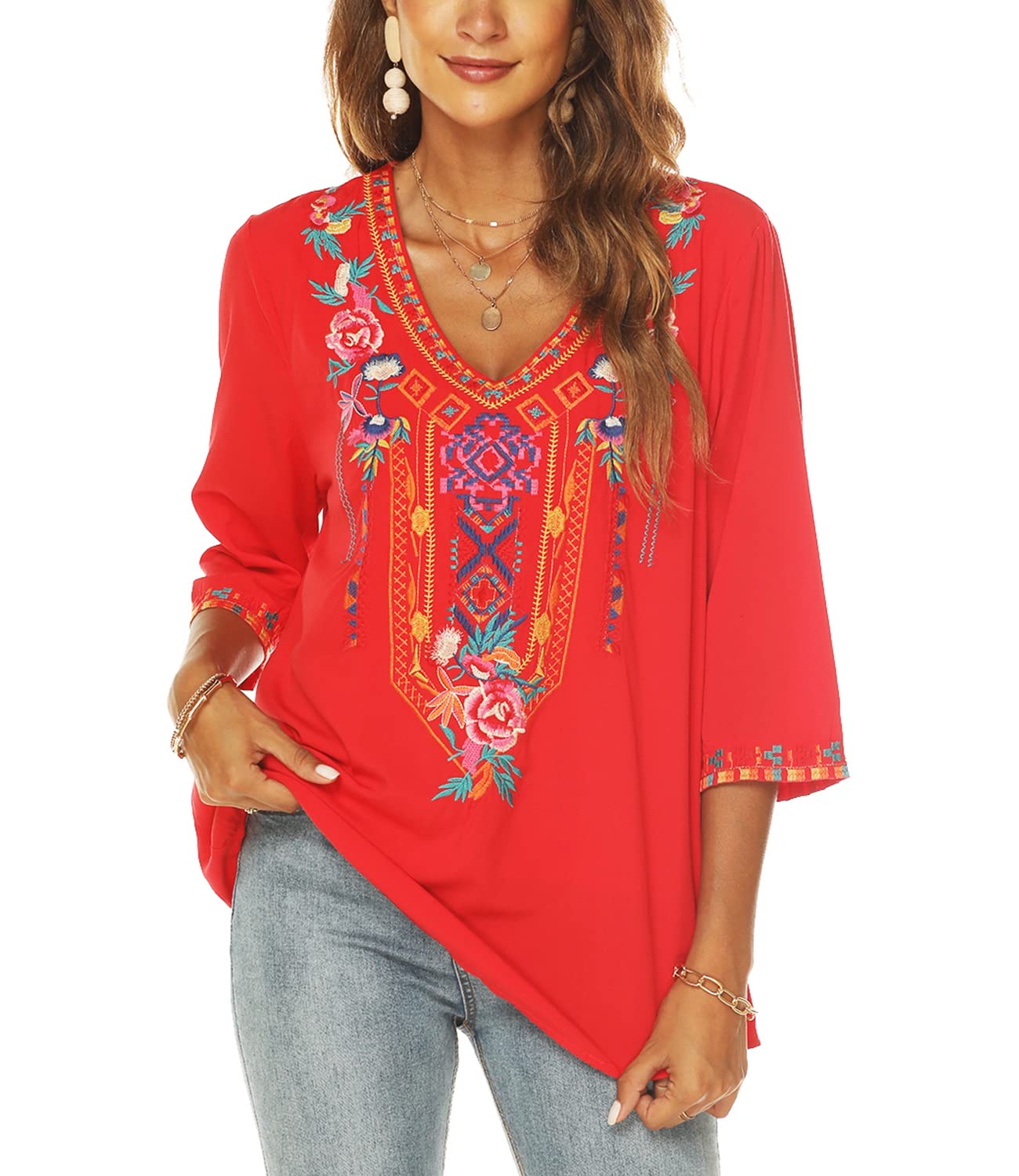 AK Embroidered Peasant Blouse for Women - 3/4 Sleeve Mexican Tunic Top with V-Neck | Traditional Embroidered Casual Shirt for Summer, Festival & Boho Style Outfits