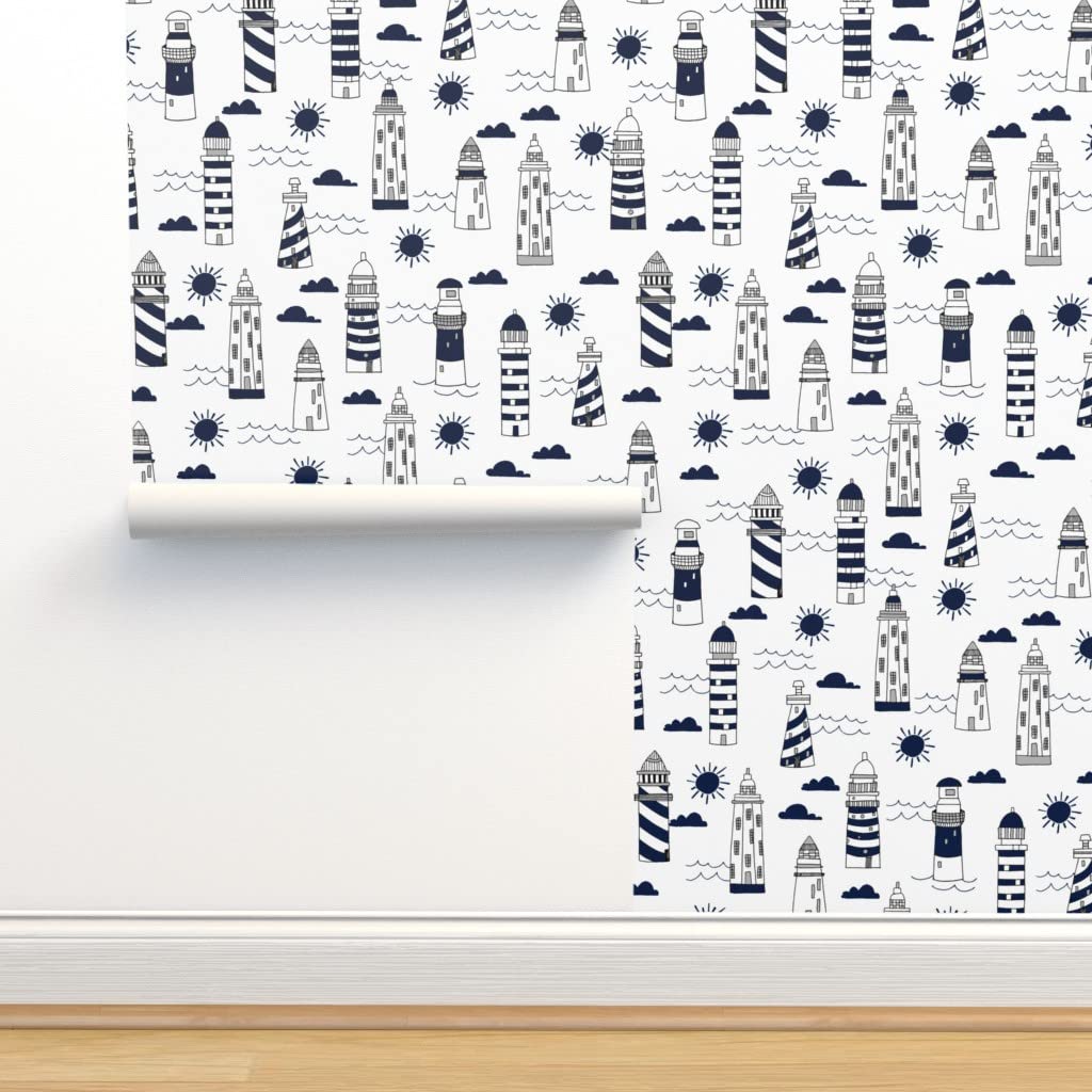 Navy & White Summer Nautical Ocean Lighthouse Removable Wallpaper Swatch - Pre-Pasted Peel & Stick Wallpaper for Kids Room, Nursery, Bathroom, Dorm Decor by Spoonflower