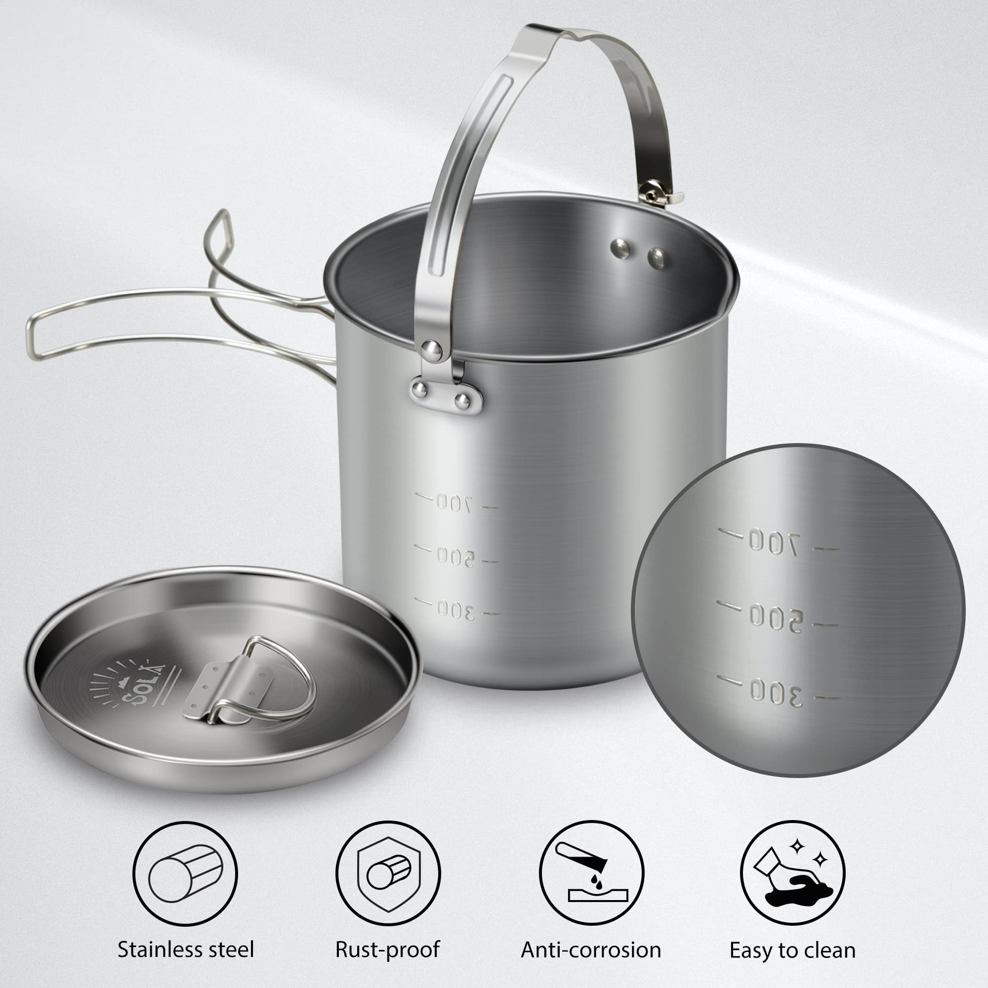 Lixada 5-Piece Stainless Steel Camping Cookware Set - Portable Kettle with 2 Cups, 2 Bowls & Foldable Handles - Perfect for Camping, Hiking, Picnics & Outdoor Adventures - Ideal for Boiling Water, Making Coffee, Tea & Cooking Meals in Nature